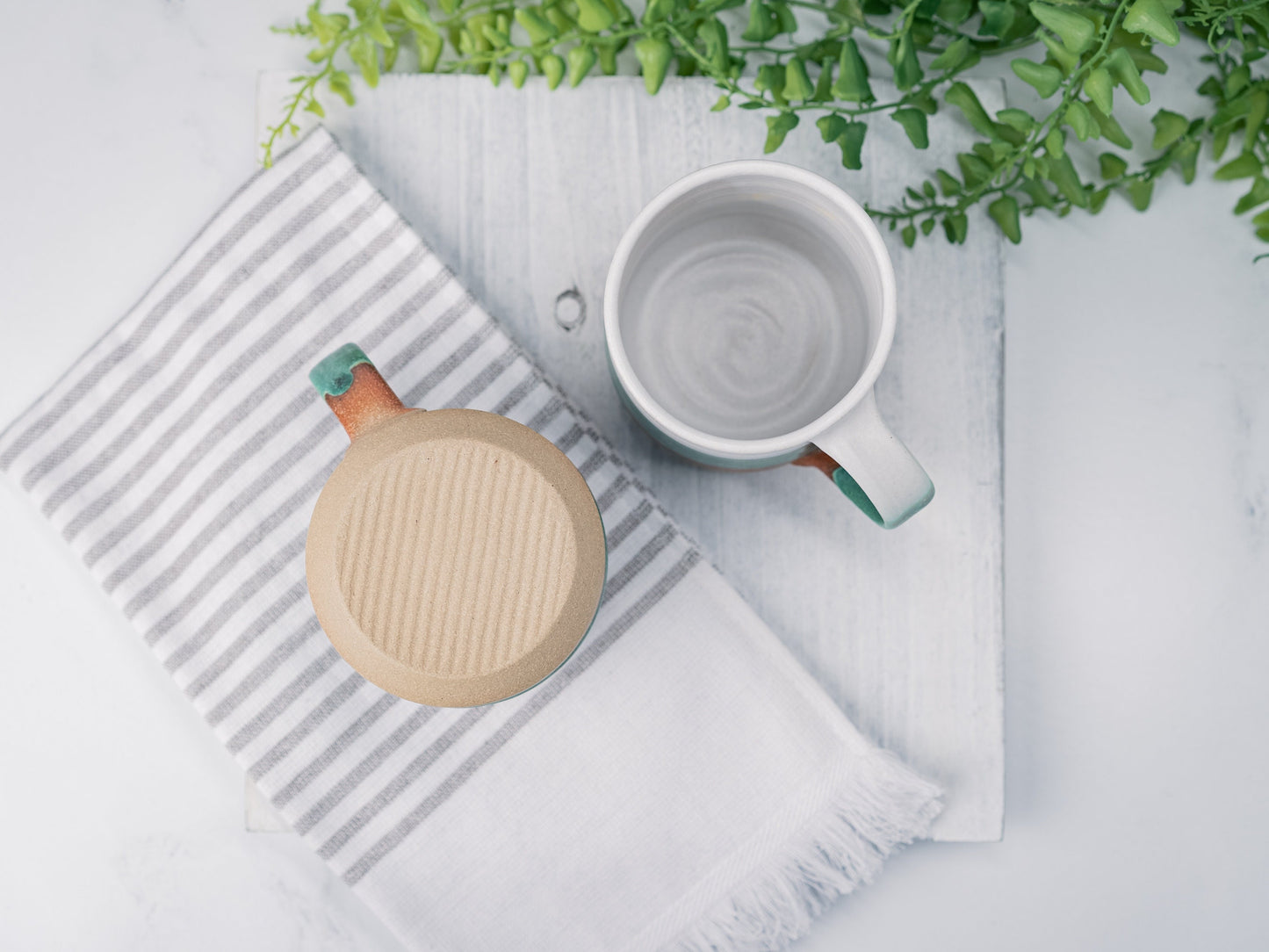 Handmade Ceramic Coffee Tea Mug Green White 12-14 oz Earthy Rustic Modern Aesthetic Unique Pottery Contemporary Dinnerware Decor Gift