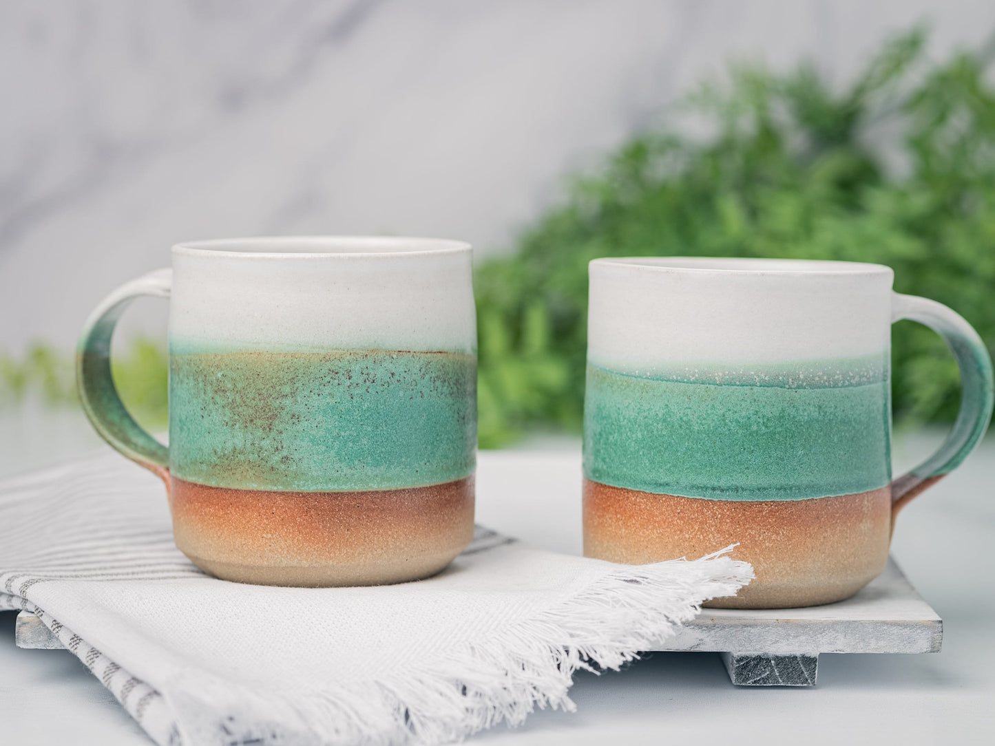 Handmade Ceramic Coffee Tea Mug Green White 12-14 oz Earthy Rustic Modern Aesthetic Unique Pottery Contemporary Dinnerware Decor Gift