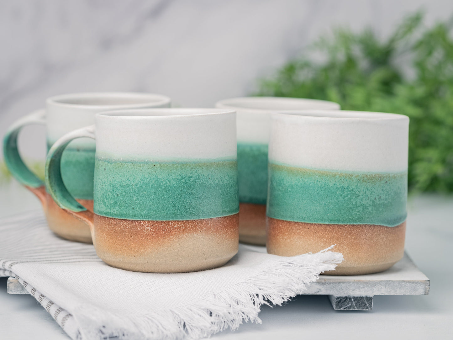 Handmade Ceramic Coffee Tea Mug Green White 12-14 oz Earthy Rustic Modern Aesthetic Unique Pottery Contemporary Dinnerware Decor Gift