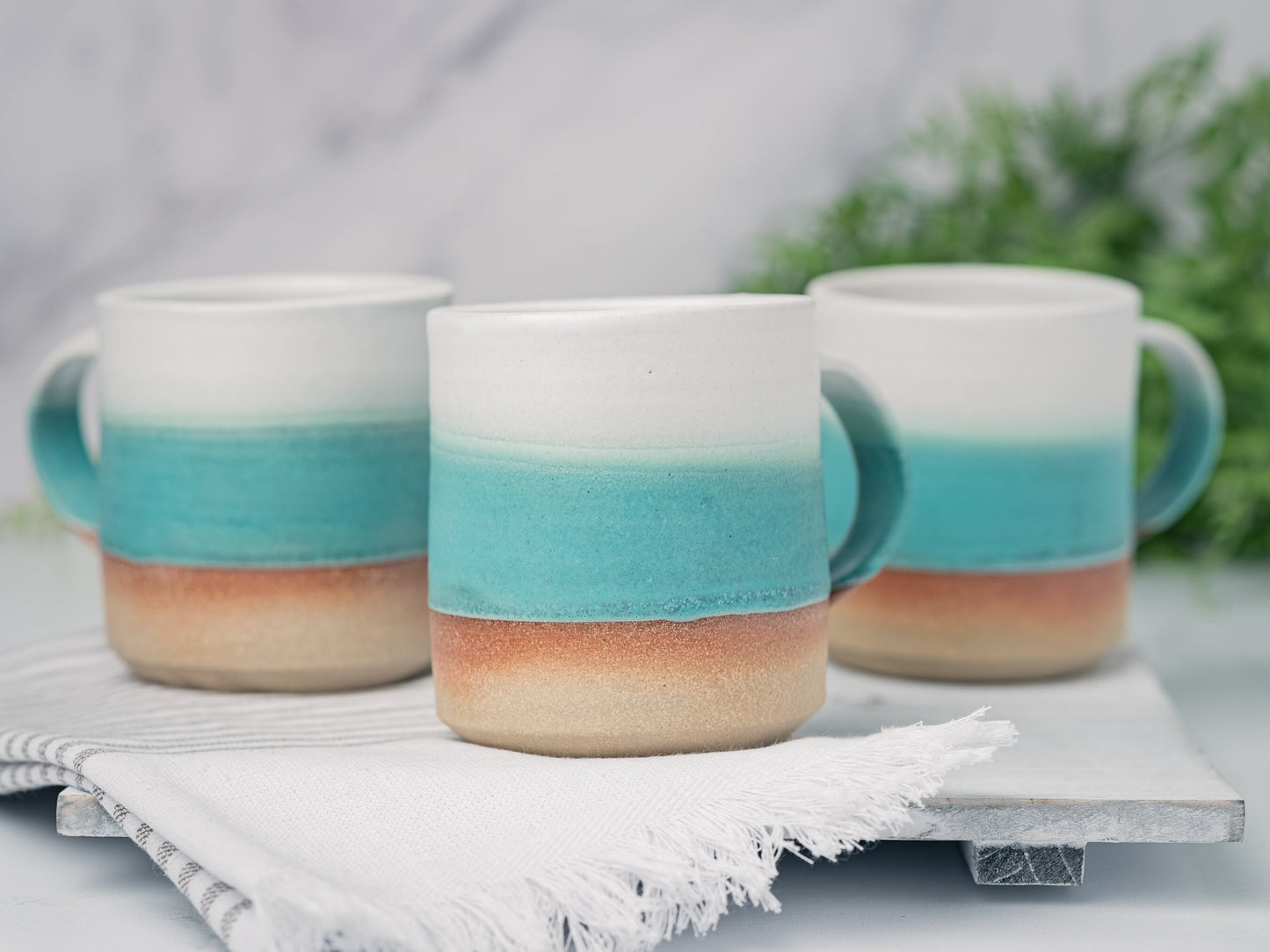 Handmade Ceramic Coffee Tea Mug Turquoise White 12-14 oz Earthy Rustic Modern Aesthetic Unique Pottery Contemporary Dinnerware Decor Gift