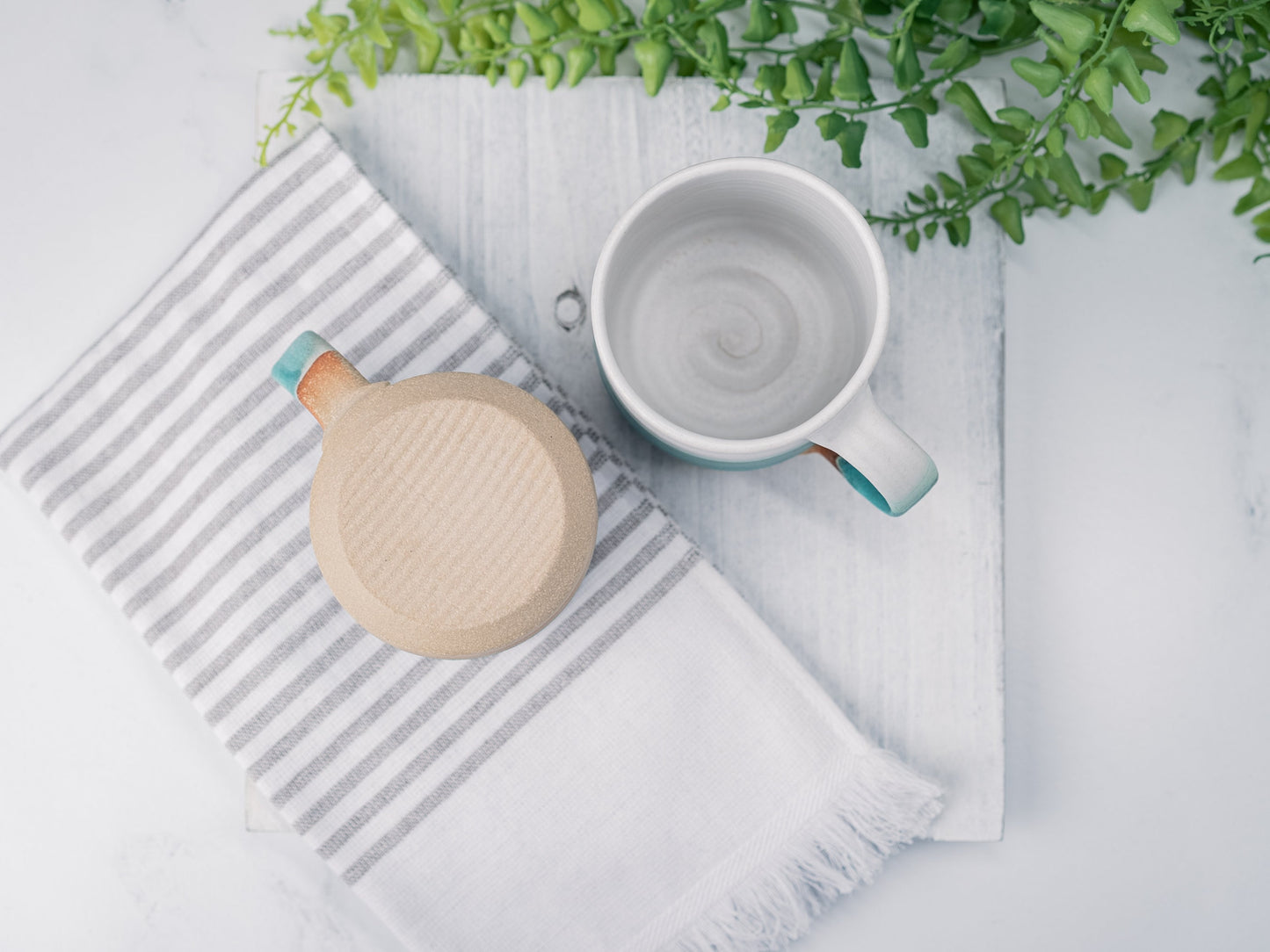 Handmade Ceramic Coffee Tea Mug Turquoise White 12-14 oz Earthy Rustic Modern Aesthetic Unique Pottery Contemporary Dinnerware Decor Gift