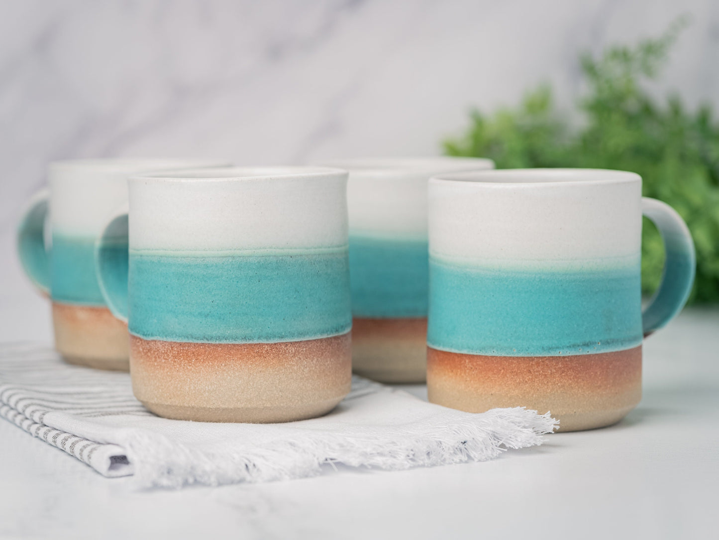 Handmade Ceramic Coffee Tea Mug Turquoise White 12-14 oz Earthy Rustic Modern Aesthetic Unique Pottery Contemporary Dinnerware Decor Gift