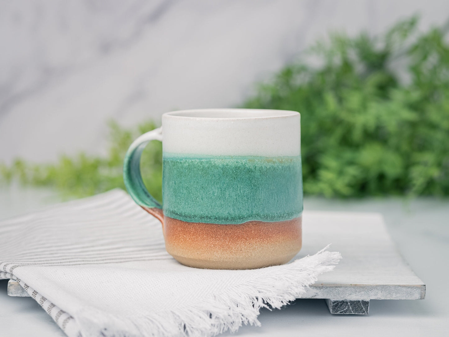 Handmade Ceramic Coffee Tea Mug Green White 12-14 oz Earthy Rustic Modern Aesthetic Unique Pottery Contemporary Dinnerware Decor Gift