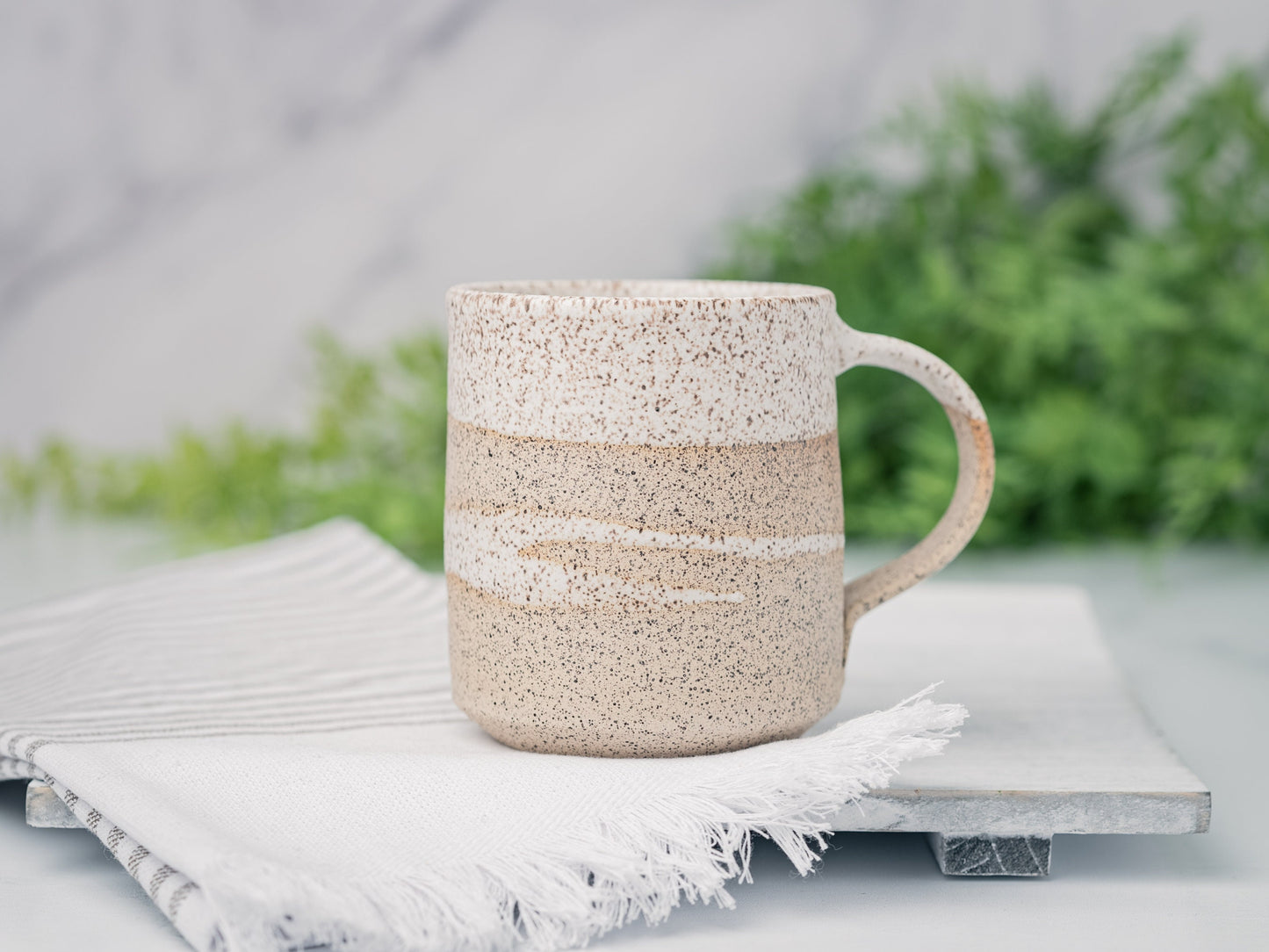 Handmade Ceramic Coffee Tea Mug Speckled White w/Trailing 12-14 oz Earthy Rustic Modern Aesthetic Unique Pottery Contemporary Dinnerware