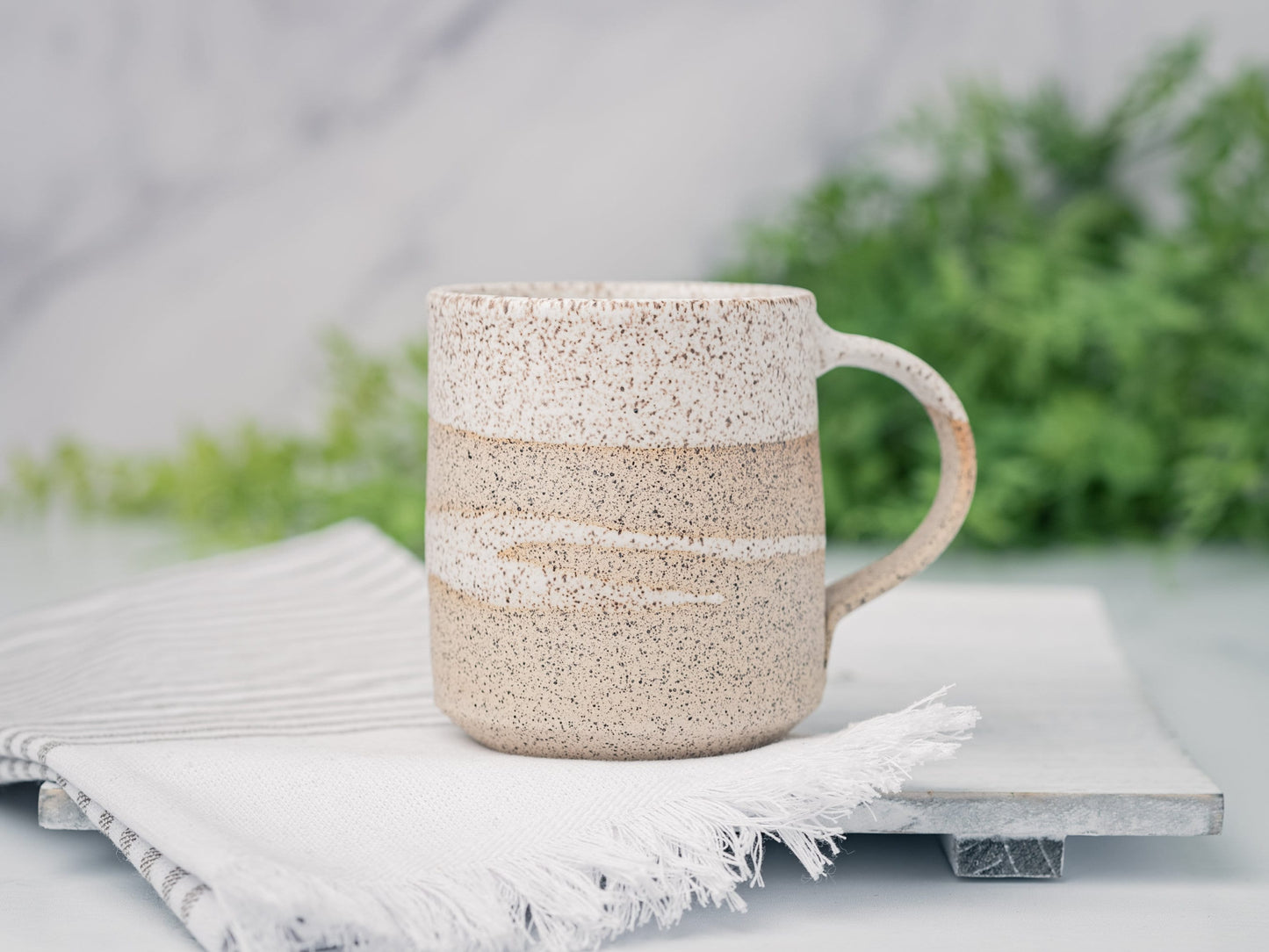 Handmade Ceramic Coffee Tea Mug Speckled White w/Trailing 12-14 oz Earthy Rustic Modern Aesthetic Unique Pottery Contemporary Dinnerware