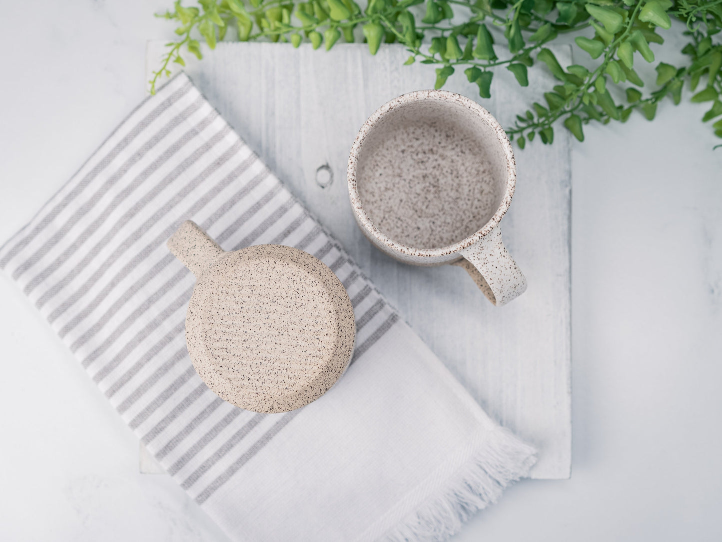 Handmade Ceramic Coffee Tea Mug Speckled White 12-14 oz Earthy Rustic Modern Aesthetic Unique Pottery Contemporary Dinnerware Decor Gift