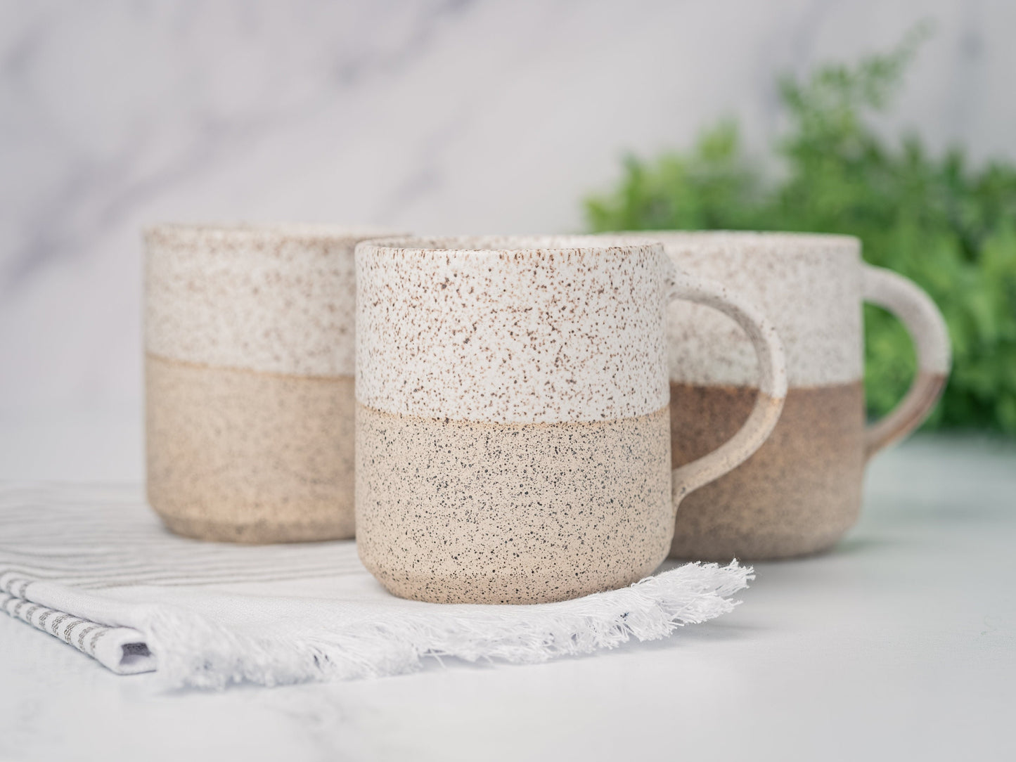 Handmade Ceramic Coffee Tea Mug Speckled White 12-14 oz Earthy Rustic Modern Aesthetic Unique Pottery Contemporary Dinnerware Decor Gift