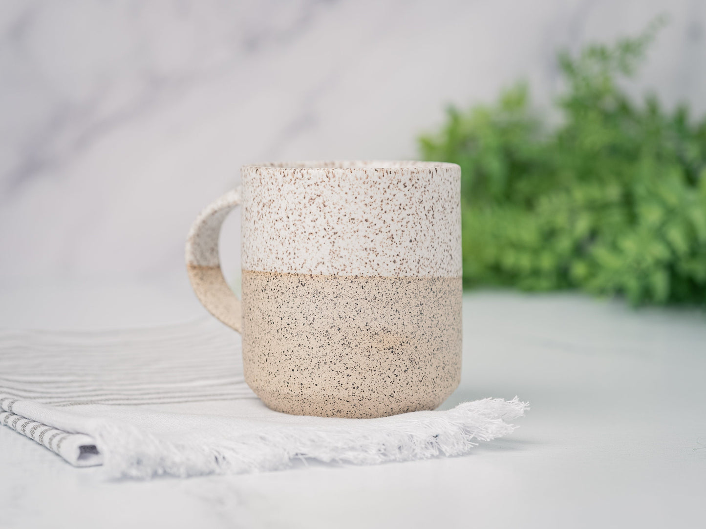 Handmade Ceramic Coffee Tea Mug Speckled White 12-14 oz Earthy Rustic Modern Aesthetic Unique Pottery Contemporary Dinnerware Decor Gift