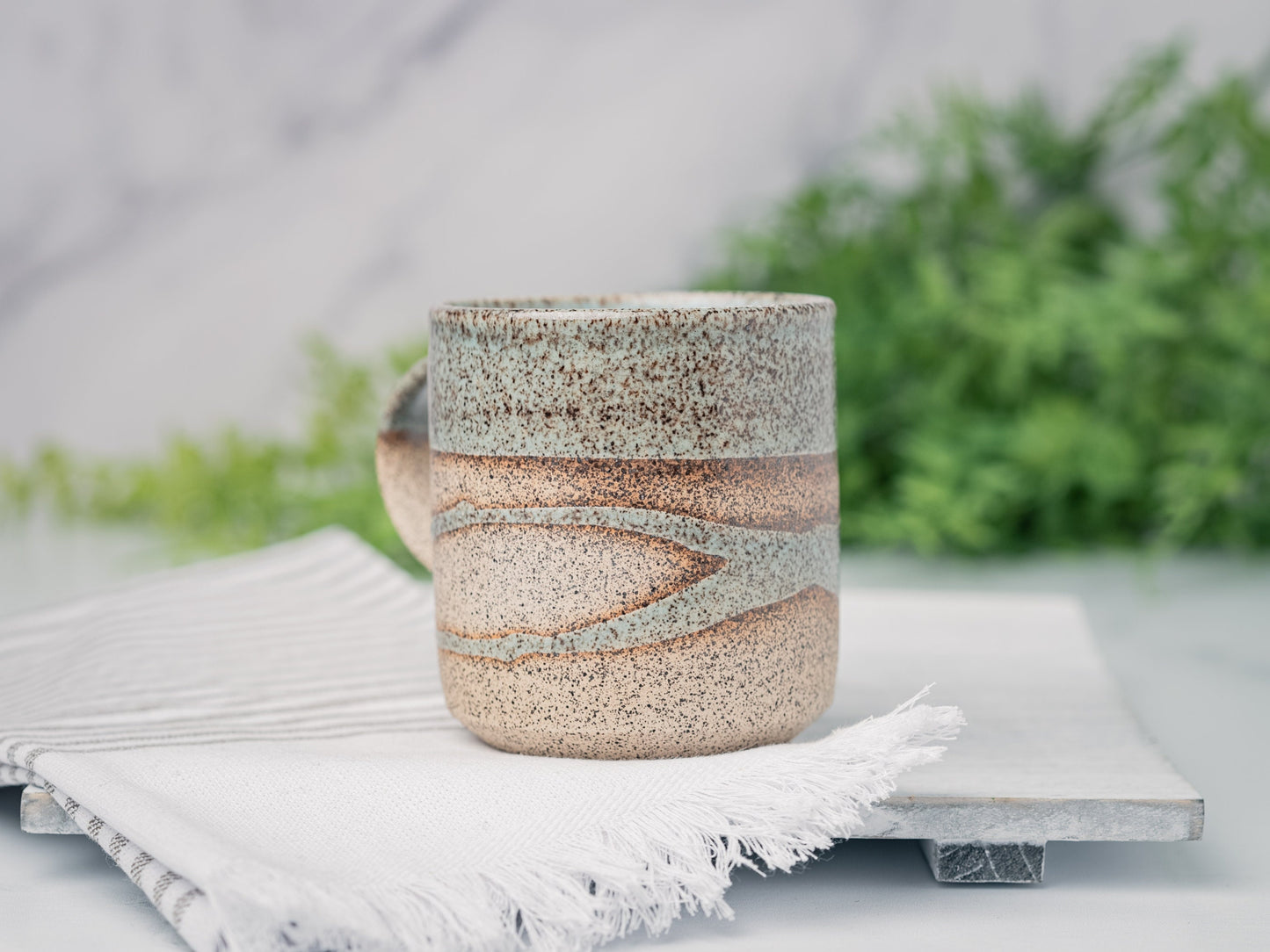Handmade Ceramic Coffee Tea Mug Speckled Blue-Grey White w/Trailing 12-14 oz Earthy Modern Aesthetic Unique Pottery Contemporary Dinnerware