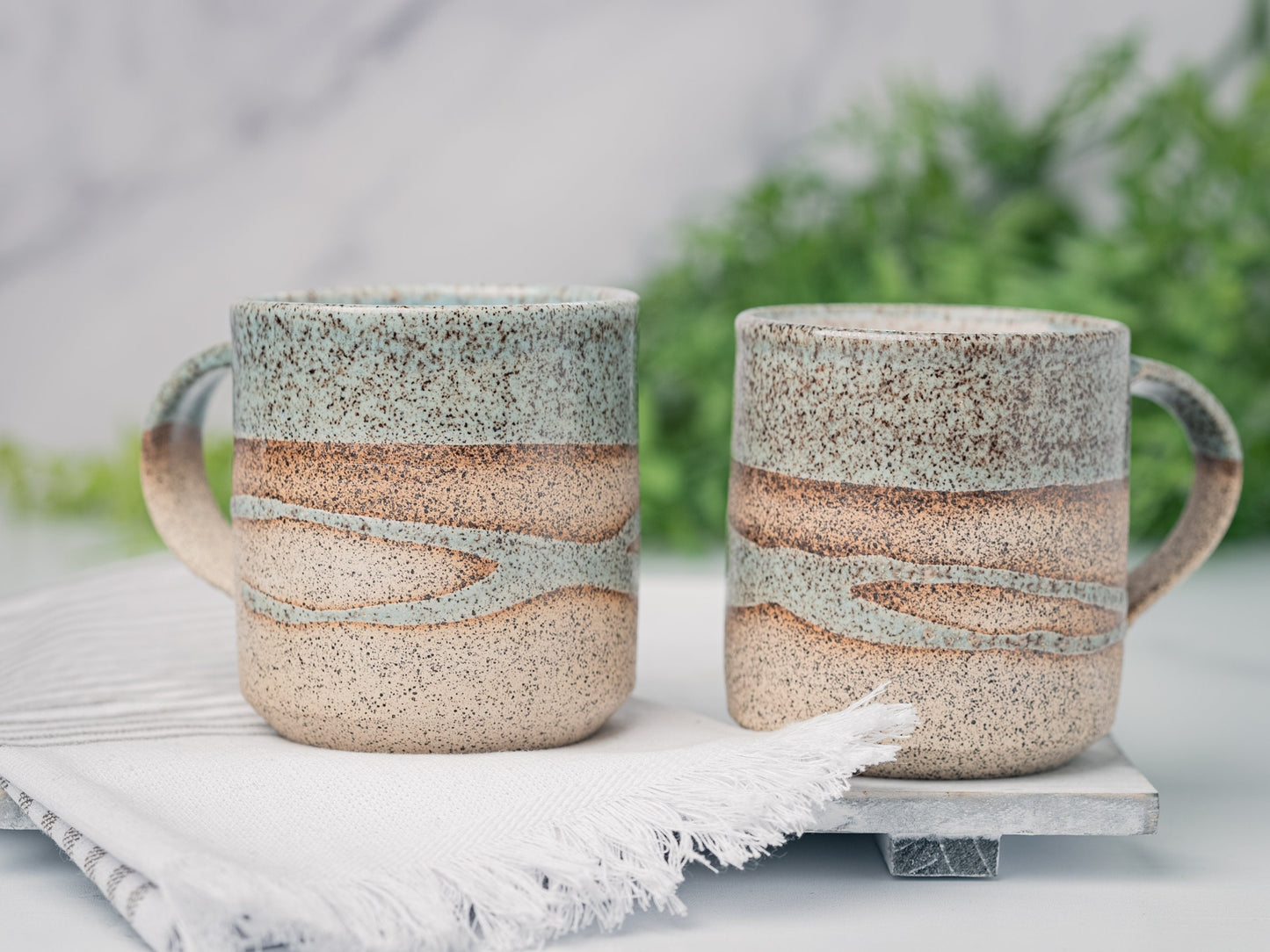 Handmade Ceramic Coffee Tea Mug Speckled Blue-Grey White w/Trailing 12-14 oz Earthy Modern Aesthetic Unique Pottery Contemporary Dinnerware