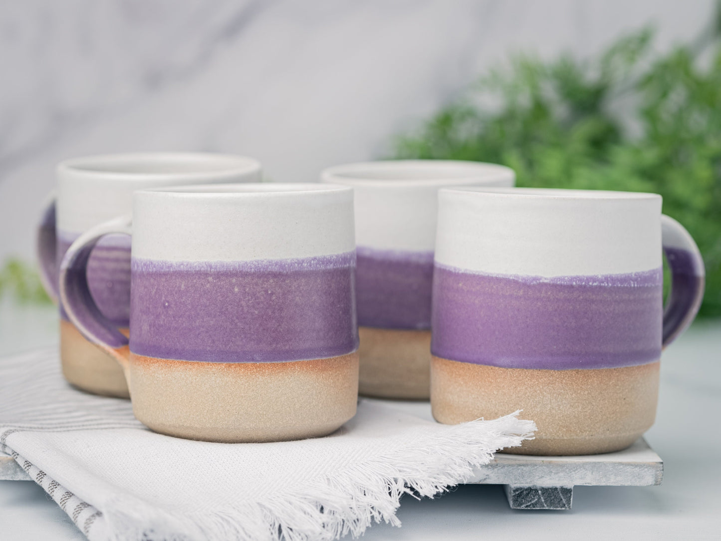 Handmade Ceramic Coffee Tea Mug Purple White 12-14 oz Earthy Rustic Modern Aesthetic Unique Pottery Contemporary Dinnerware Decor Gift