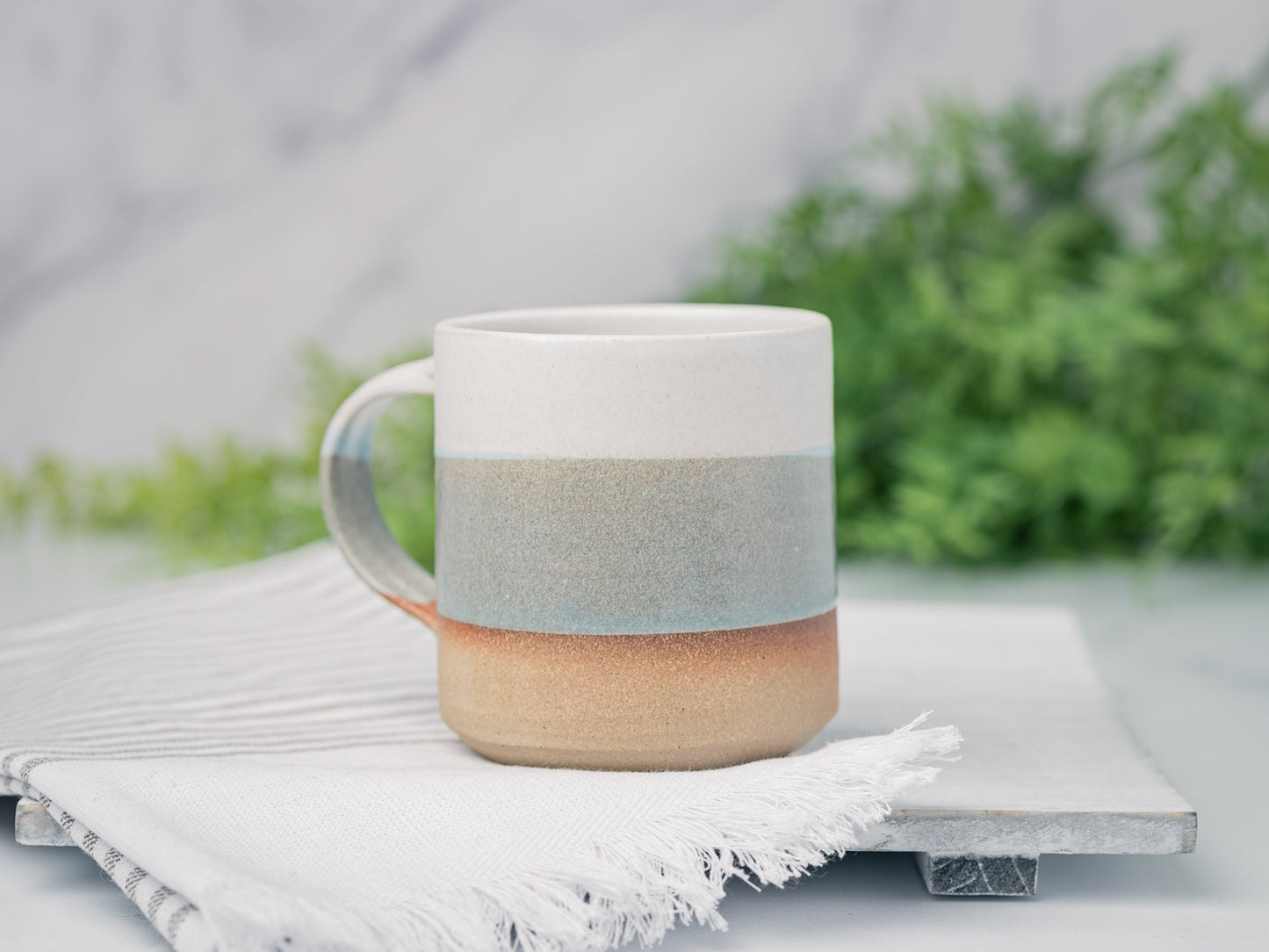 Handmade Ceramic Coffee Tea Mug Blue-Grey White 12-14 oz Earthy Rustic Modern Aesthetic Unique Pottery Contemporary Dinnerware Decor Gift