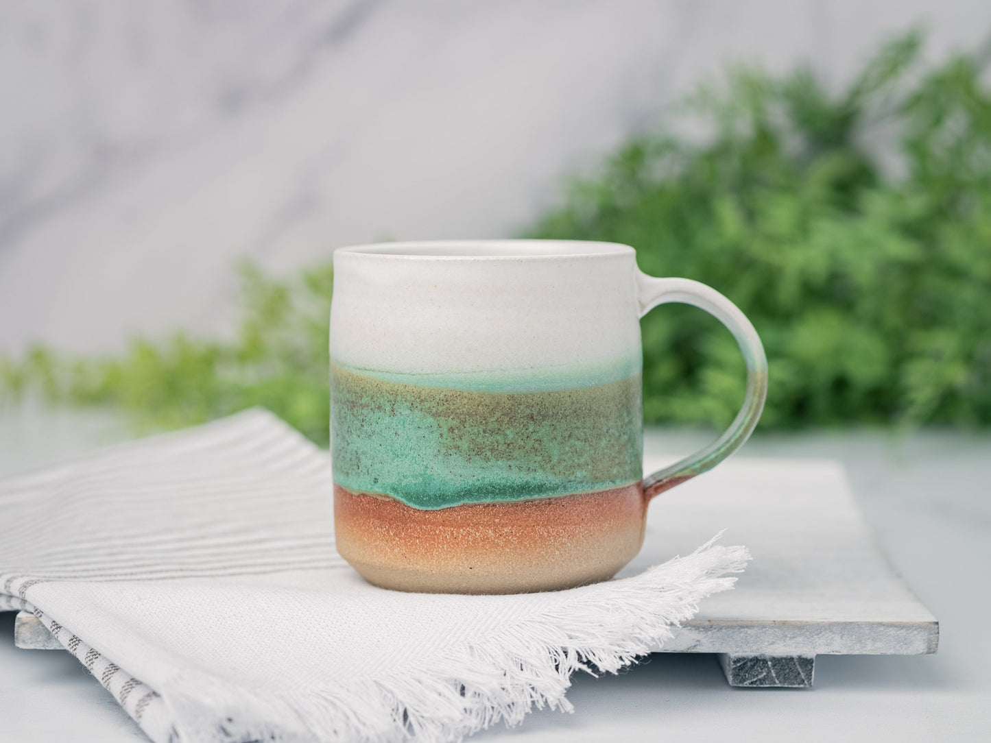 Handmade Ceramic Coffee Tea Mug Green White 12-14 oz Earthy Rustic Modern Aesthetic Unique Pottery Contemporary Dinnerware Decor Gift