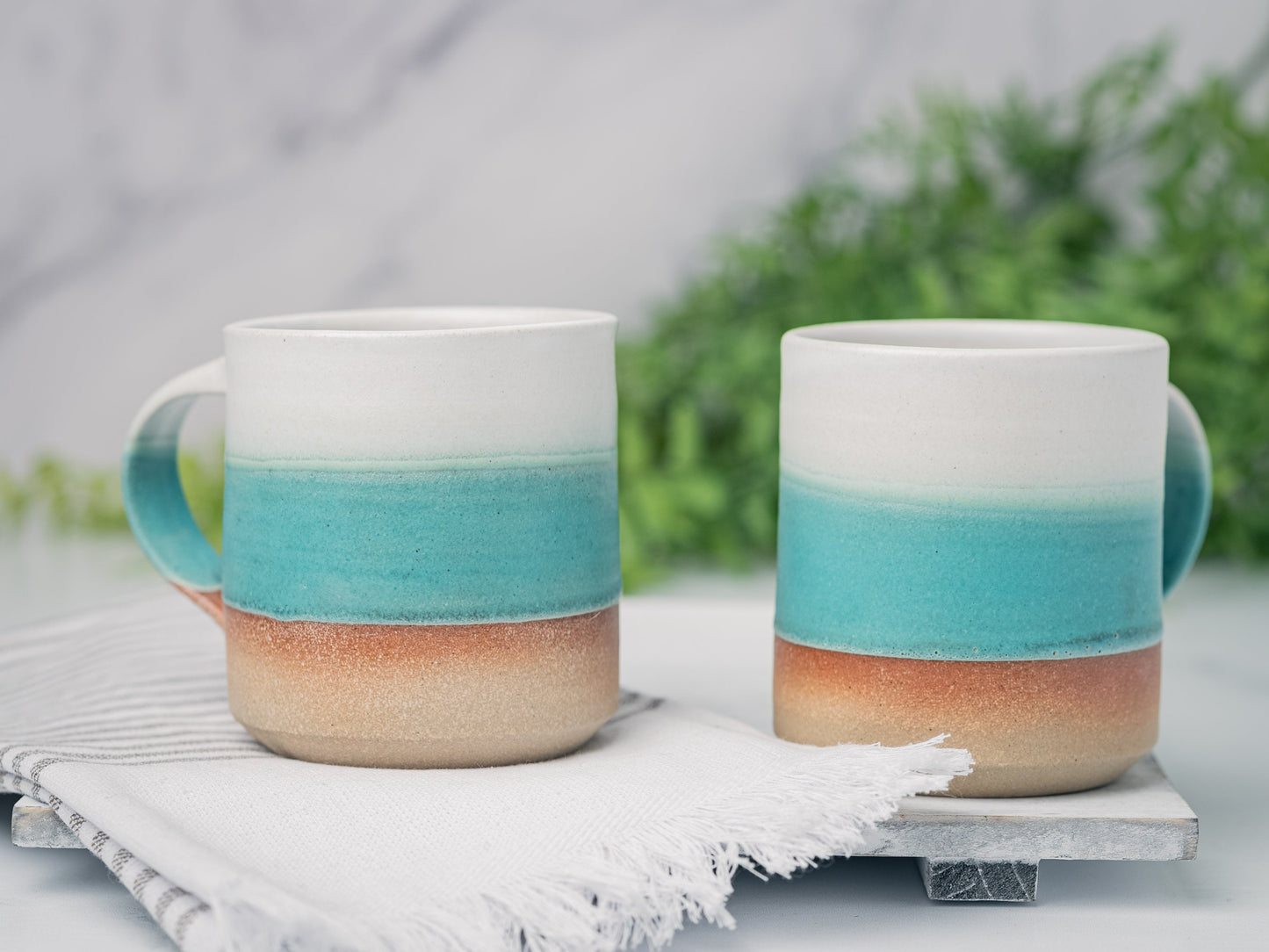 Handmade Ceramic Coffee Tea Mug Turquoise White 12-14 oz Earthy Rustic Modern Aesthetic Unique Pottery Contemporary Dinnerware Decor Gift