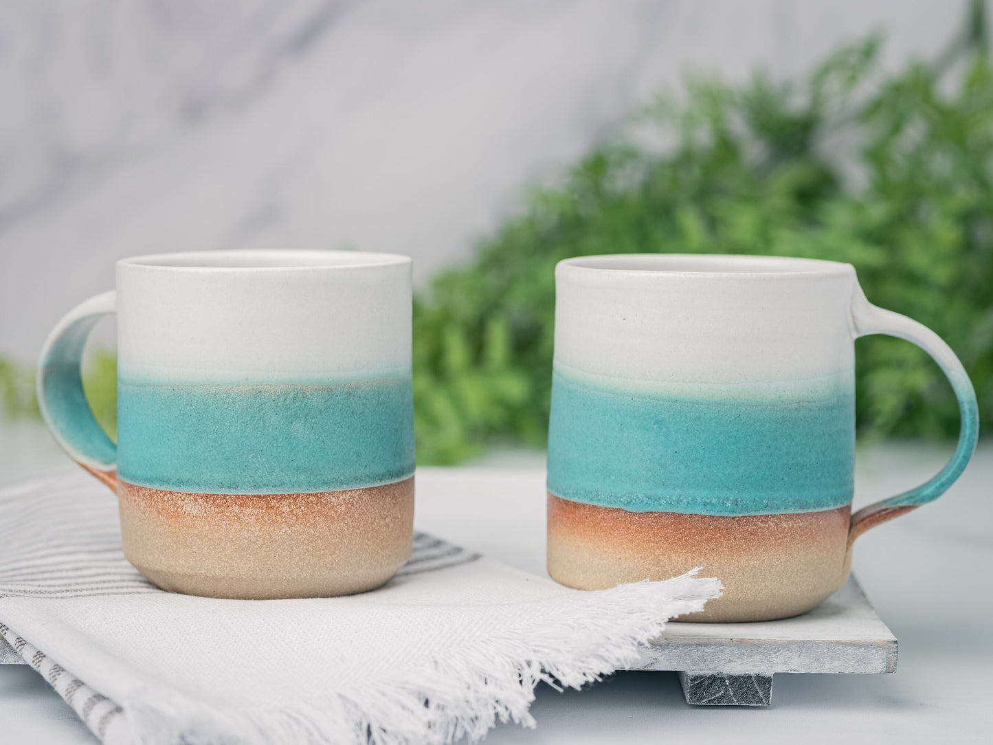 Handmade Ceramic Coffee Tea Mug Turquoise White 12-14 oz Earthy Rustic Modern Aesthetic Unique Pottery Contemporary Dinnerware Decor Gift