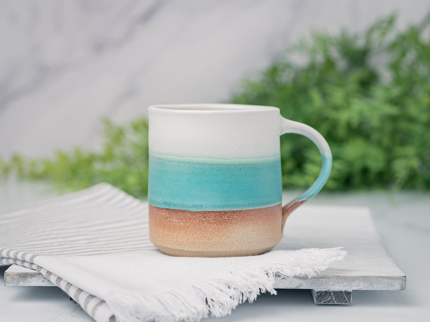 Handmade Ceramic Coffee Tea Mug Turquoise White 12-14 oz Earthy Rustic Modern Aesthetic Unique Pottery Contemporary Dinnerware Decor Gift
