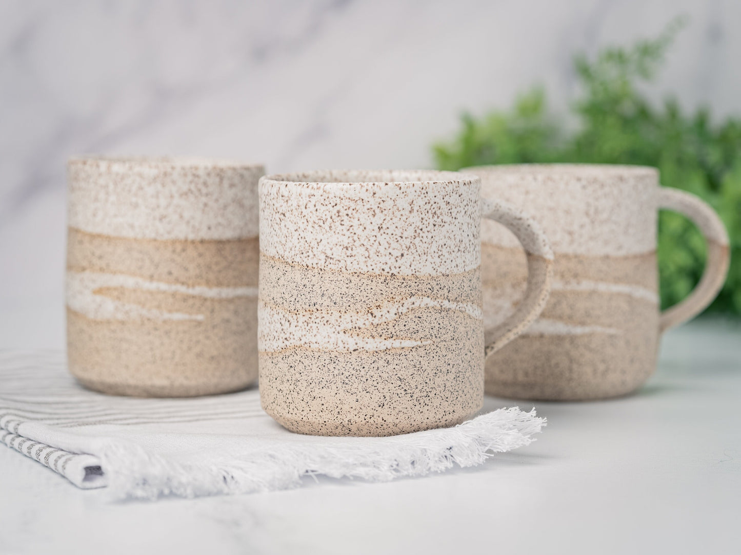 Handmade Ceramic Coffee Tea Mug Speckled White w/Trailing 12-14 oz Earthy Rustic Modern Aesthetic Unique Pottery Contemporary Dinnerware