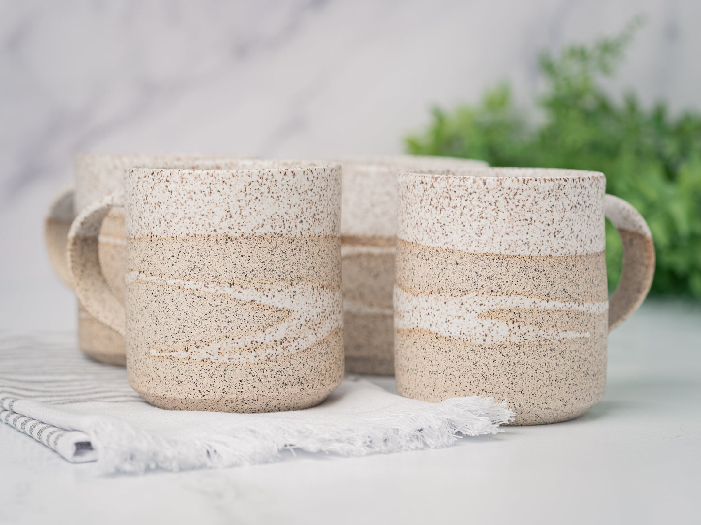 Handmade Ceramic Coffee Tea Mug Speckled White w/Trailing 12-14 oz Earthy Rustic Modern Aesthetic Unique Pottery Contemporary Dinnerware