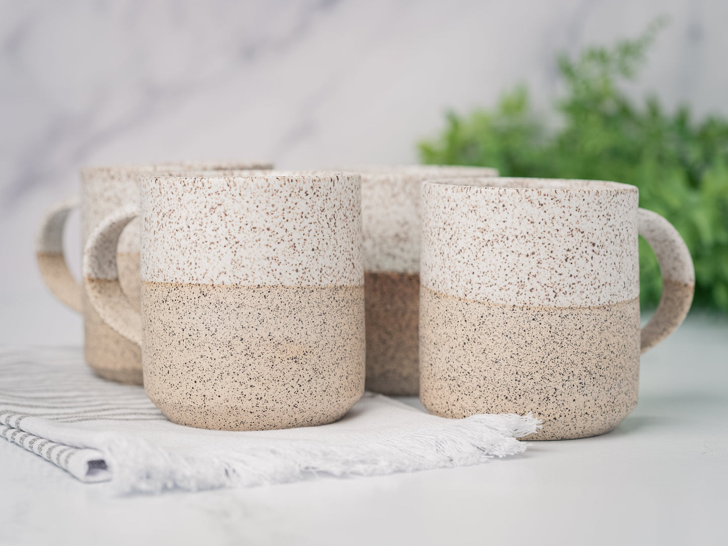 Handmade Ceramic Coffee Tea Mug Speckled White 12-14 oz Earthy Rustic Modern Aesthetic Unique Pottery Contemporary Dinnerware Decor Gift