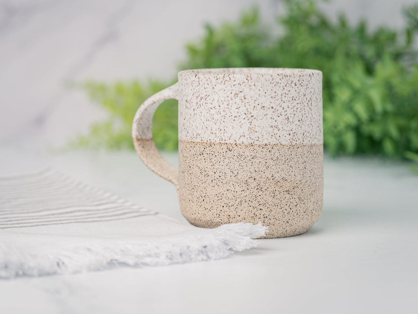 Handmade Ceramic Coffee Tea Mug Speckled White 12-14 oz Earthy Rustic Modern Aesthetic Unique Pottery Contemporary Dinnerware Decor Gift