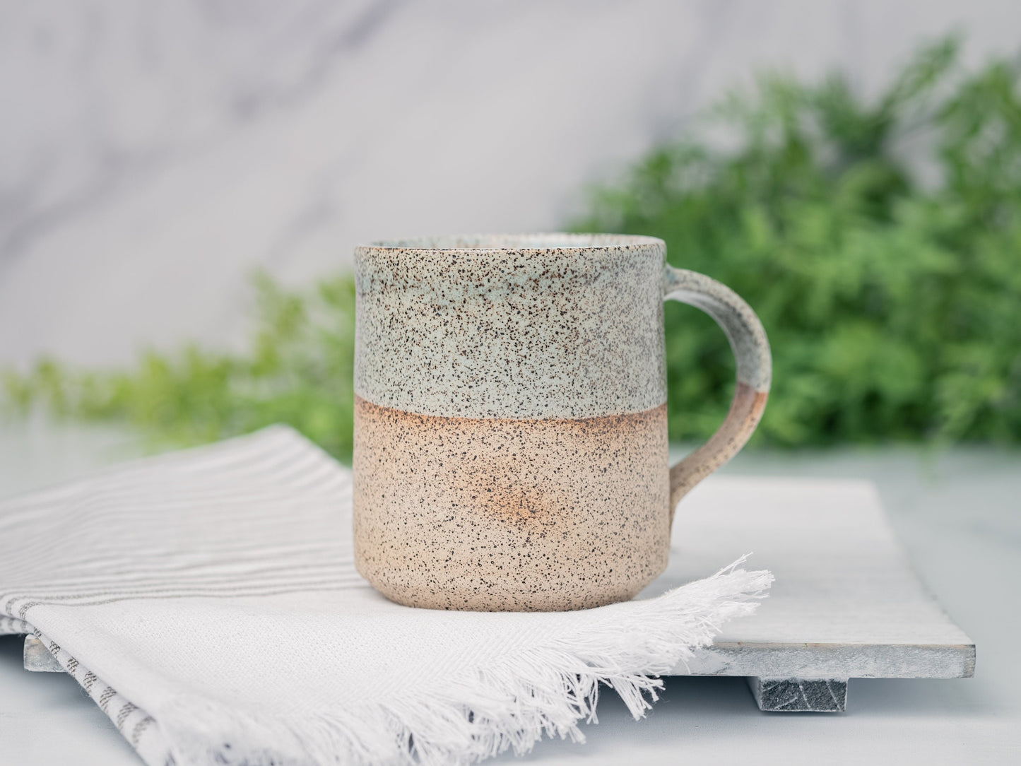 Handmade Ceramic Coffee Tea Mug Speckled Blue-Grey White 12-14 oz Earthy Rustic Modern Aesthetic Unique Pottery Contemporary Dinnerware Gift