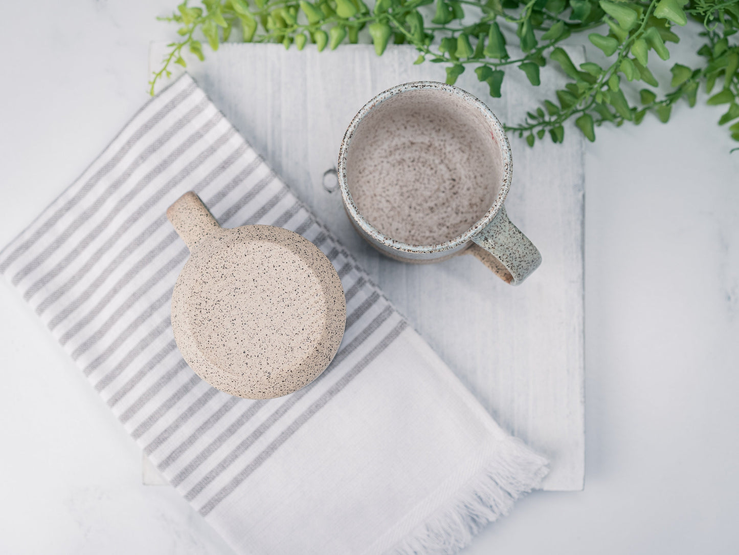 Handmade Ceramic Coffee Tea Mug Speckled Blue-Grey White w/Trailing 12-14 oz Earthy Modern Aesthetic Unique Pottery Contemporary Dinnerware