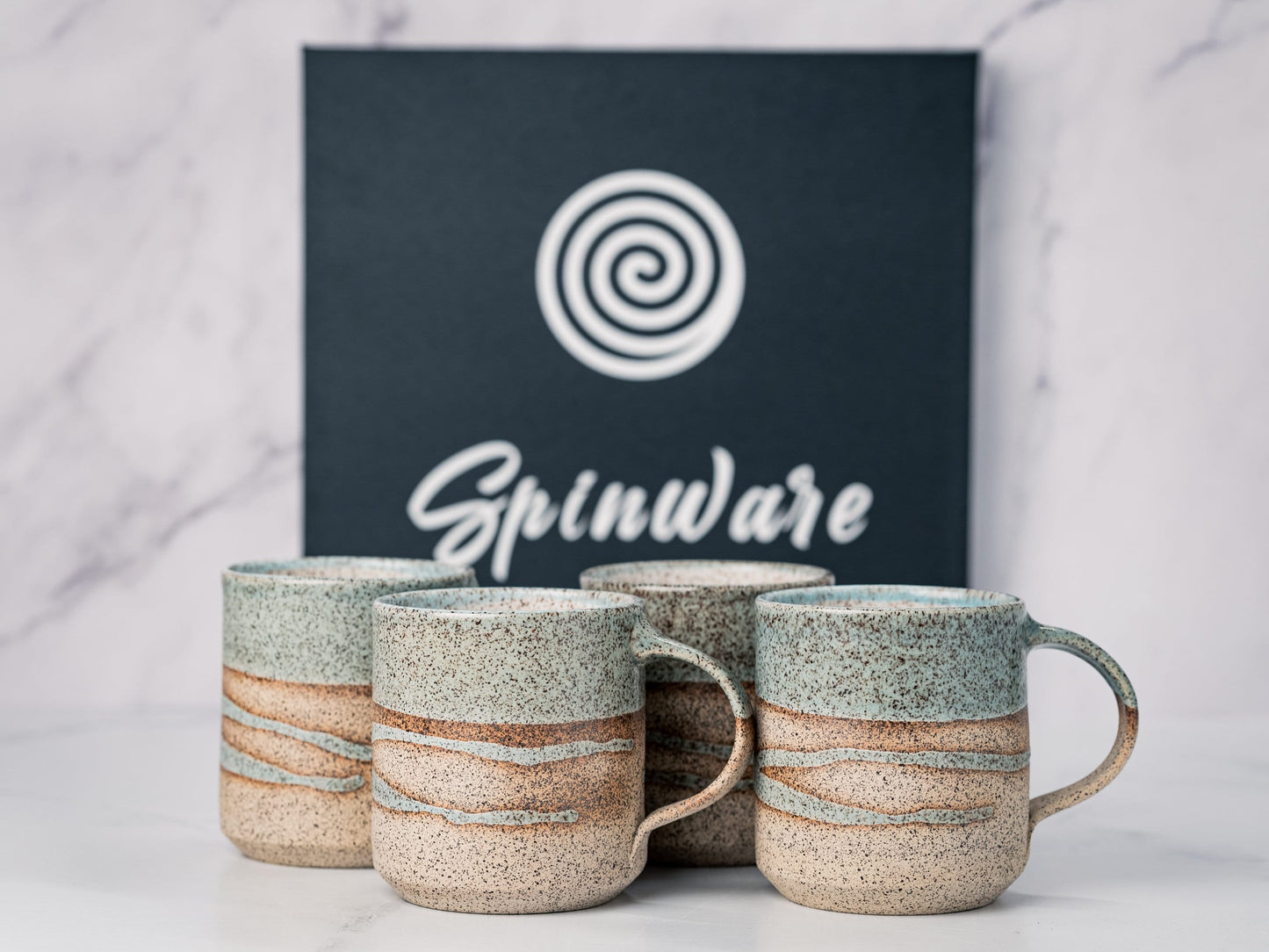 Handmade Ceramic Coffee Tea Mug Speckled Blue-Grey White w/Trailing 12-14 oz Earthy Modern Aesthetic Unique Pottery Contemporary Dinnerware