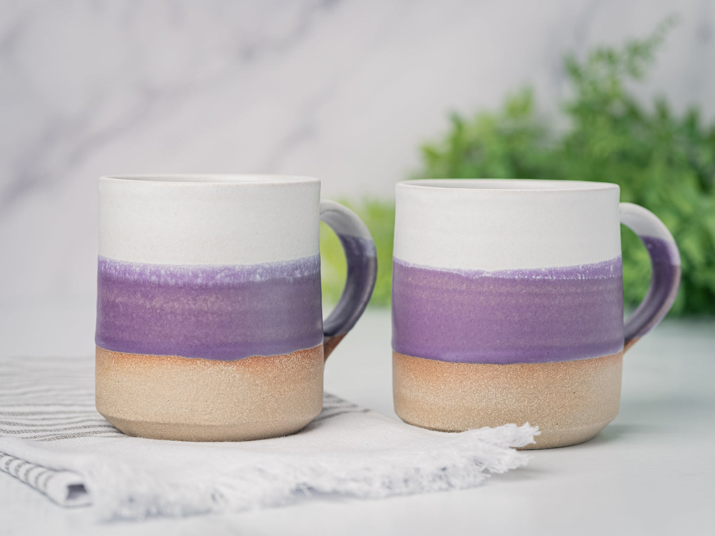 Handmade Ceramic Coffee Tea Mug Purple White 12-14 oz Earthy Rustic Modern Aesthetic Unique Pottery Contemporary Dinnerware Decor Gift