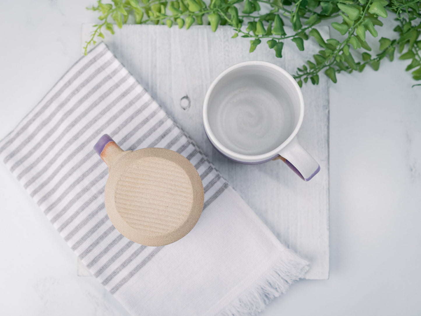 Handmade Ceramic Coffee Tea Mug Purple White 12-14 oz Earthy Rustic Modern Aesthetic Unique Pottery Contemporary Dinnerware Decor Gift