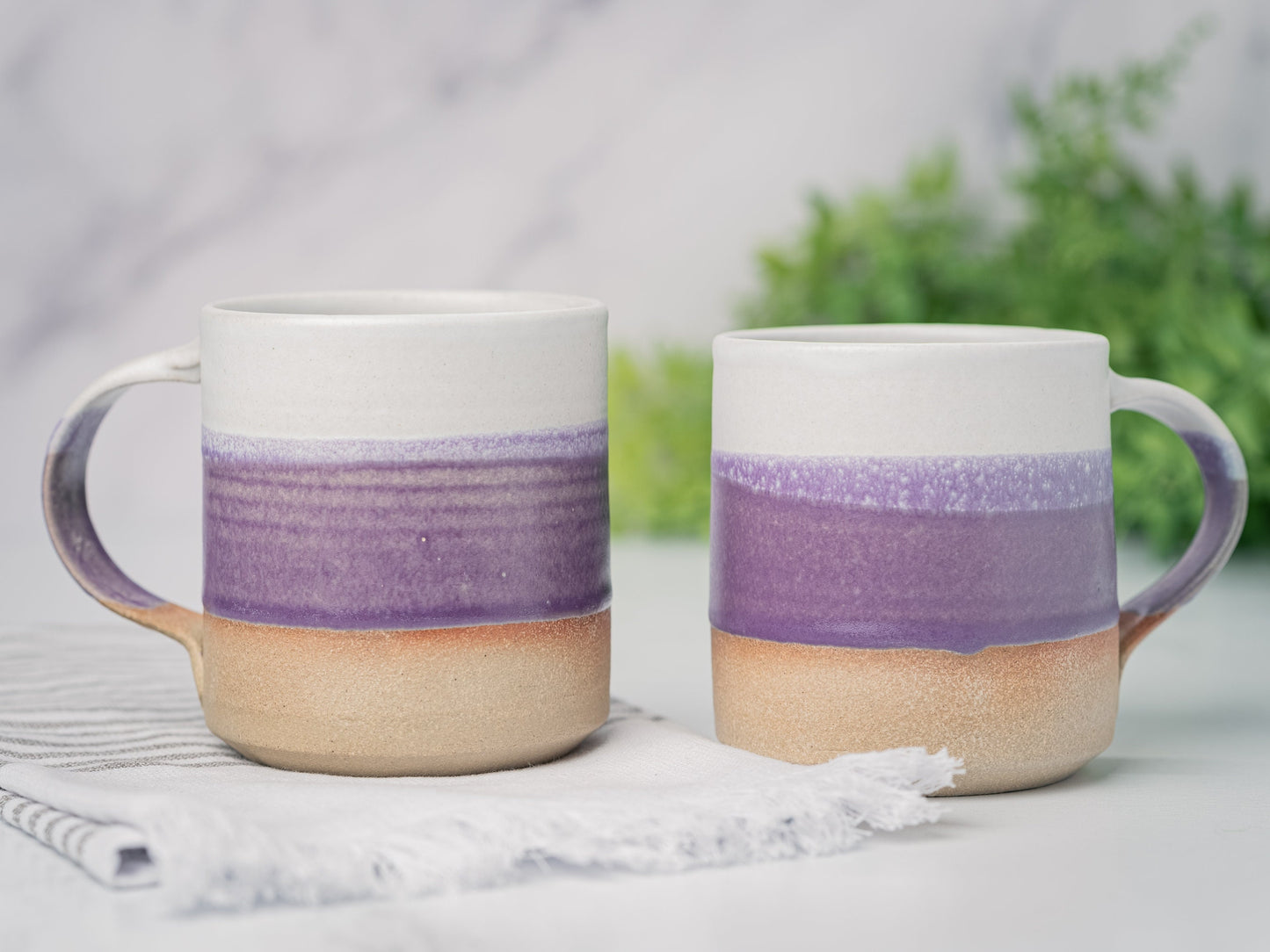 Handmade Ceramic Coffee Tea Mug Purple White 12-14 oz Earthy Rustic Modern Aesthetic Unique Pottery Contemporary Dinnerware Decor Gift