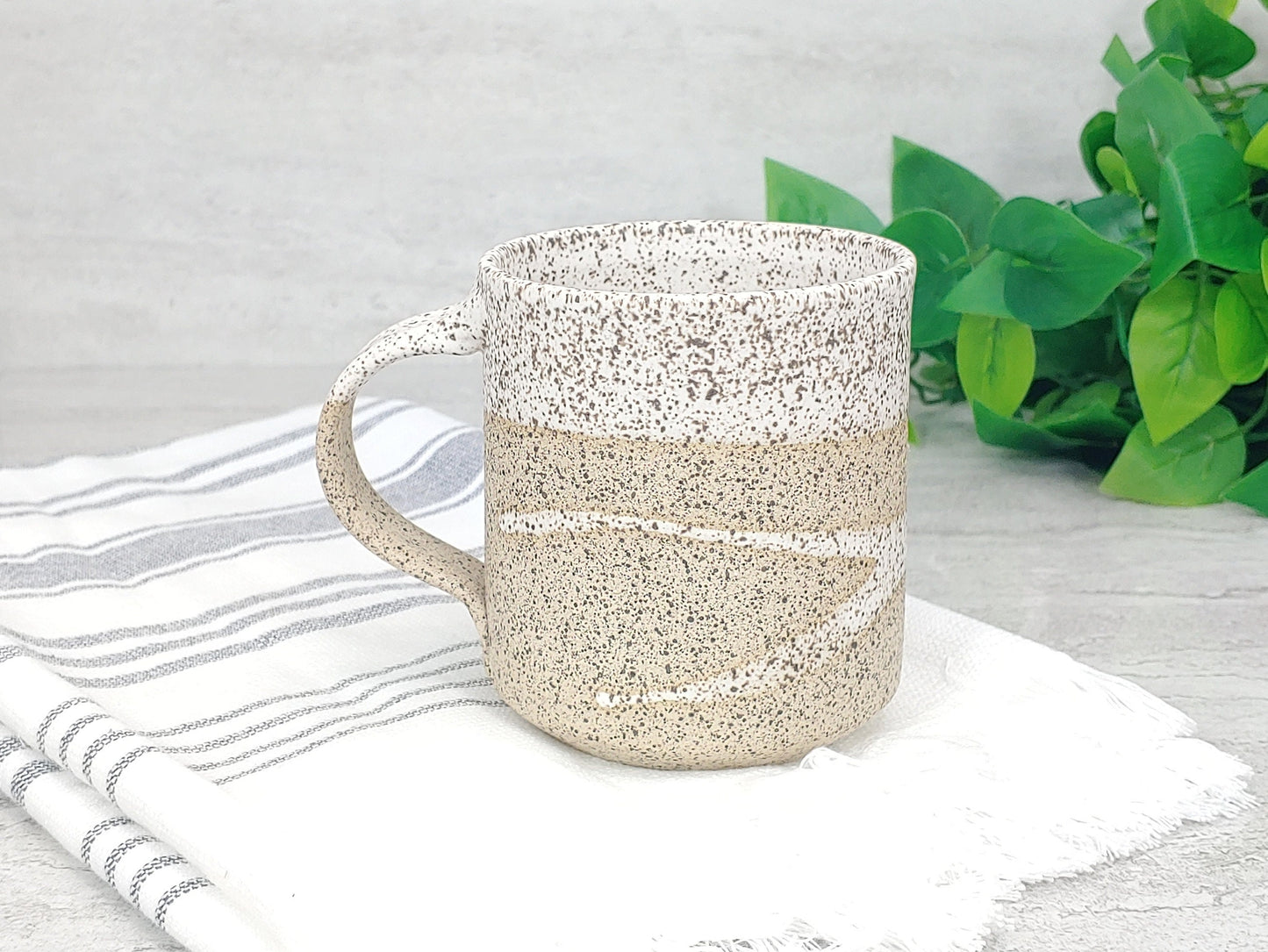 Handmade Ceramic Coffee Tea Mug Speckled White w/Trailing 12-14 oz Earthy Rustic Modern Aesthetic Unique Pottery Contemporary Dinnerware