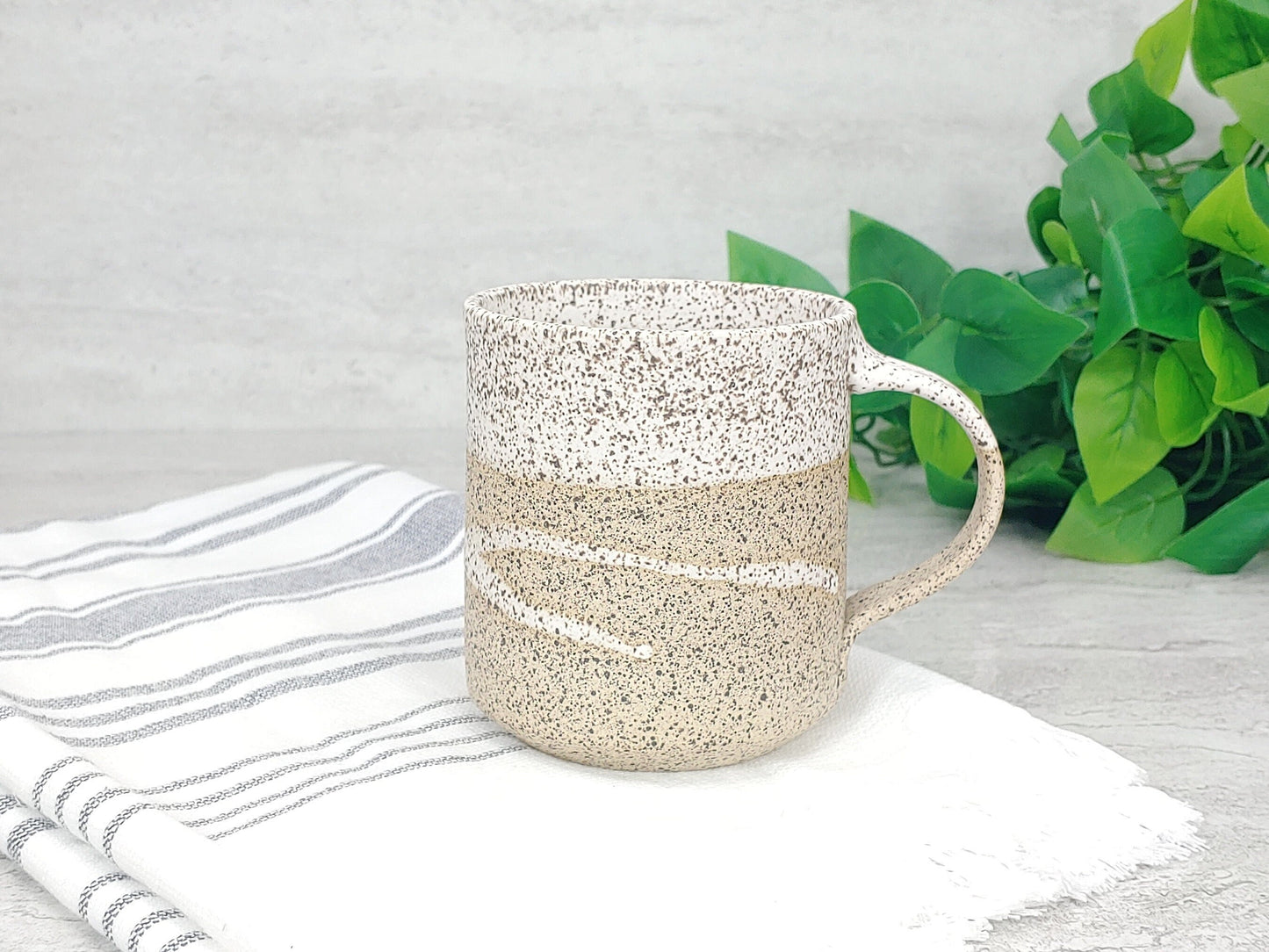 Handmade Ceramic Coffee Tea Mug Speckled White w/Trailing 12-14 oz Earthy Rustic Modern Aesthetic Unique Pottery Contemporary Dinnerware