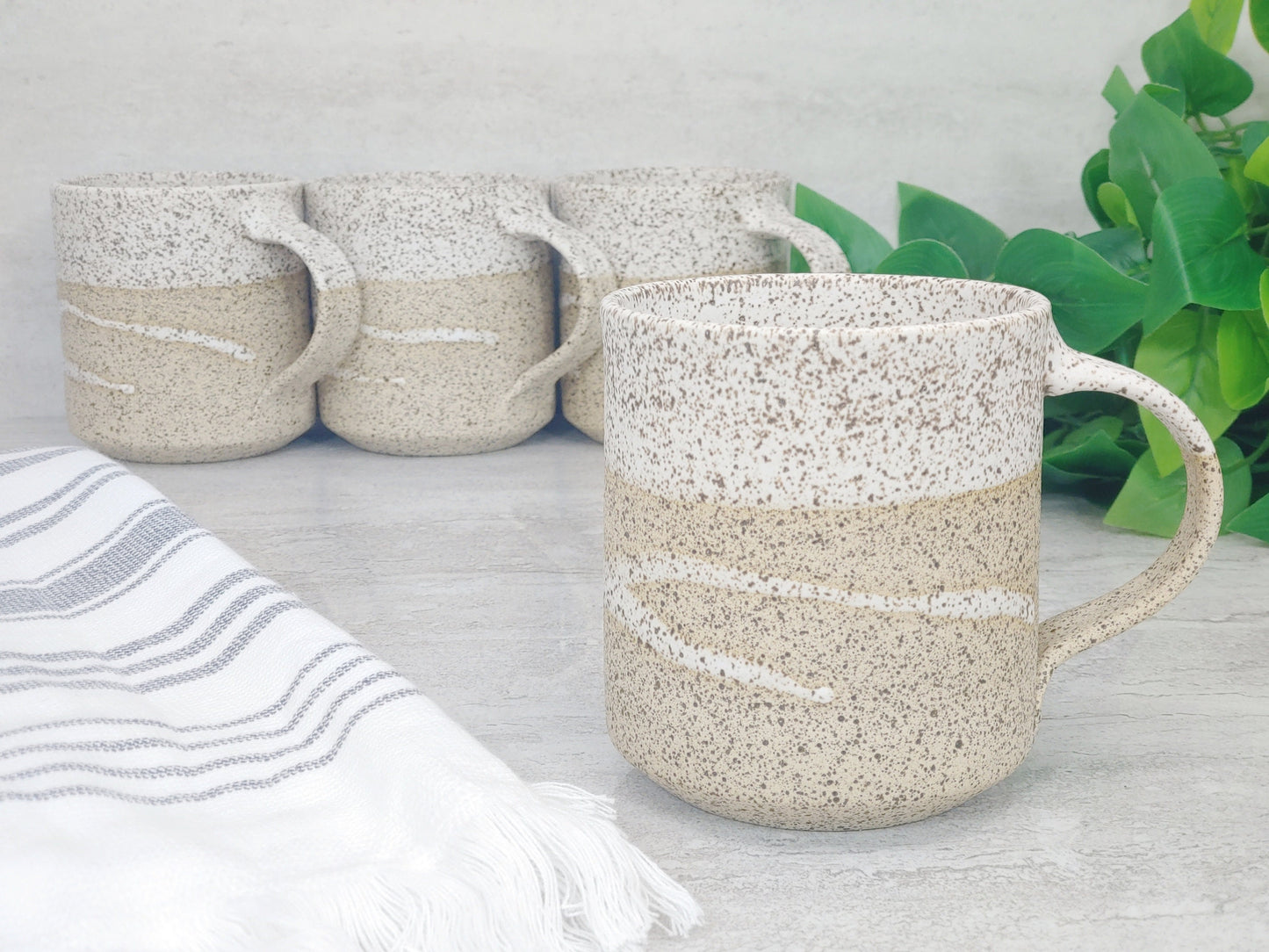 Handmade Ceramic Coffee Tea Mug Speckled White w/Trailing 12-14 oz Earthy Rustic Modern Aesthetic Unique Pottery Contemporary Dinnerware