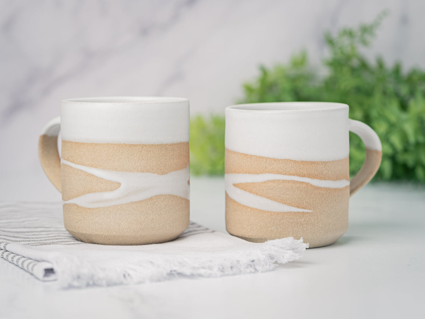 Handmade Ceramic Coffee Tea Mug Sandy White w/Trailing 12-14 oz Earthy Rustic Modern Aesthetic Unique Pottery Contemporary Dinnerware Gift