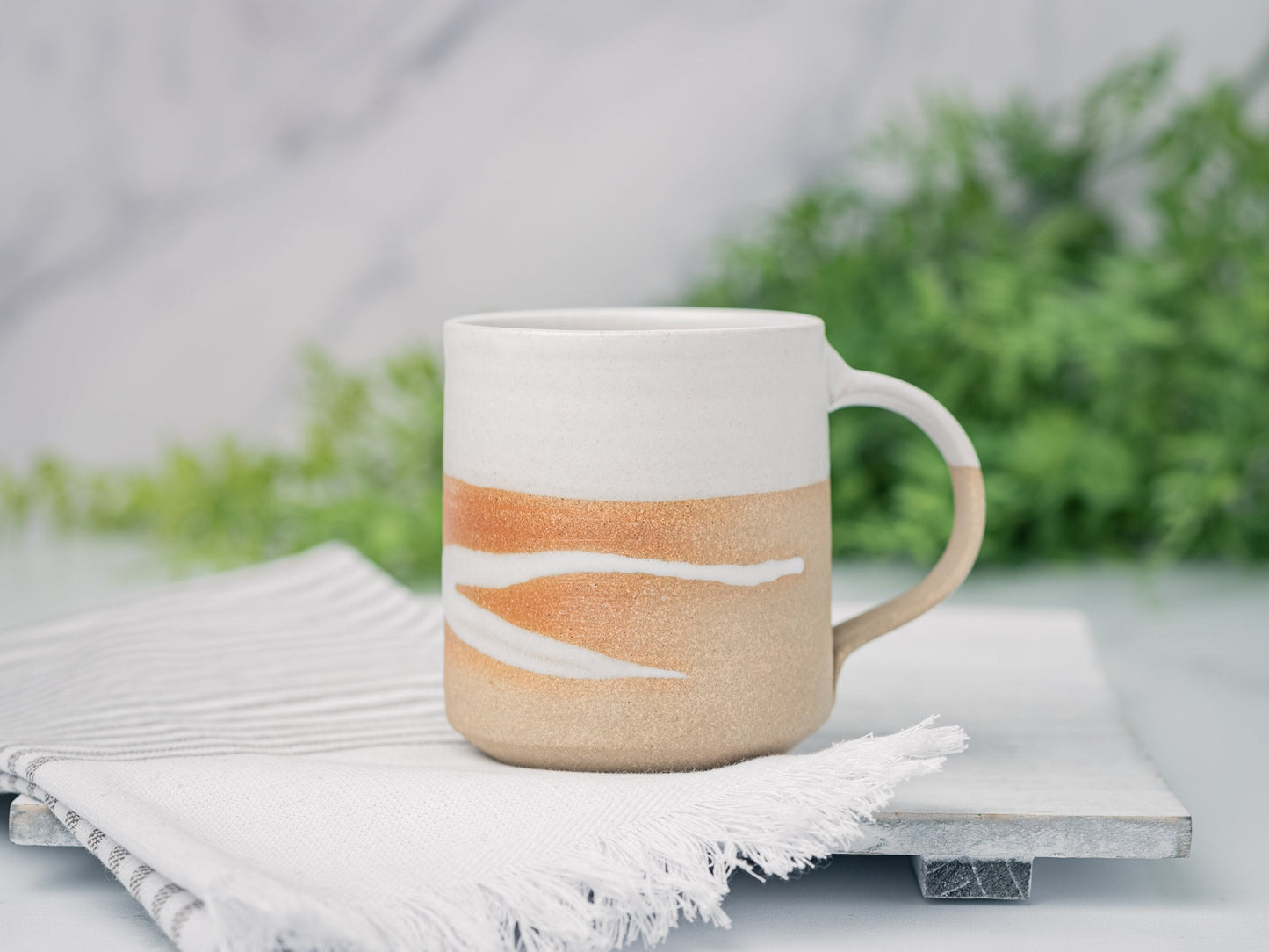 Handmade Ceramic Coffee Tea Mug Sandy White w/Trailing 12-14 oz Earthy Rustic Modern Aesthetic Unique Pottery Contemporary Dinnerware Gift