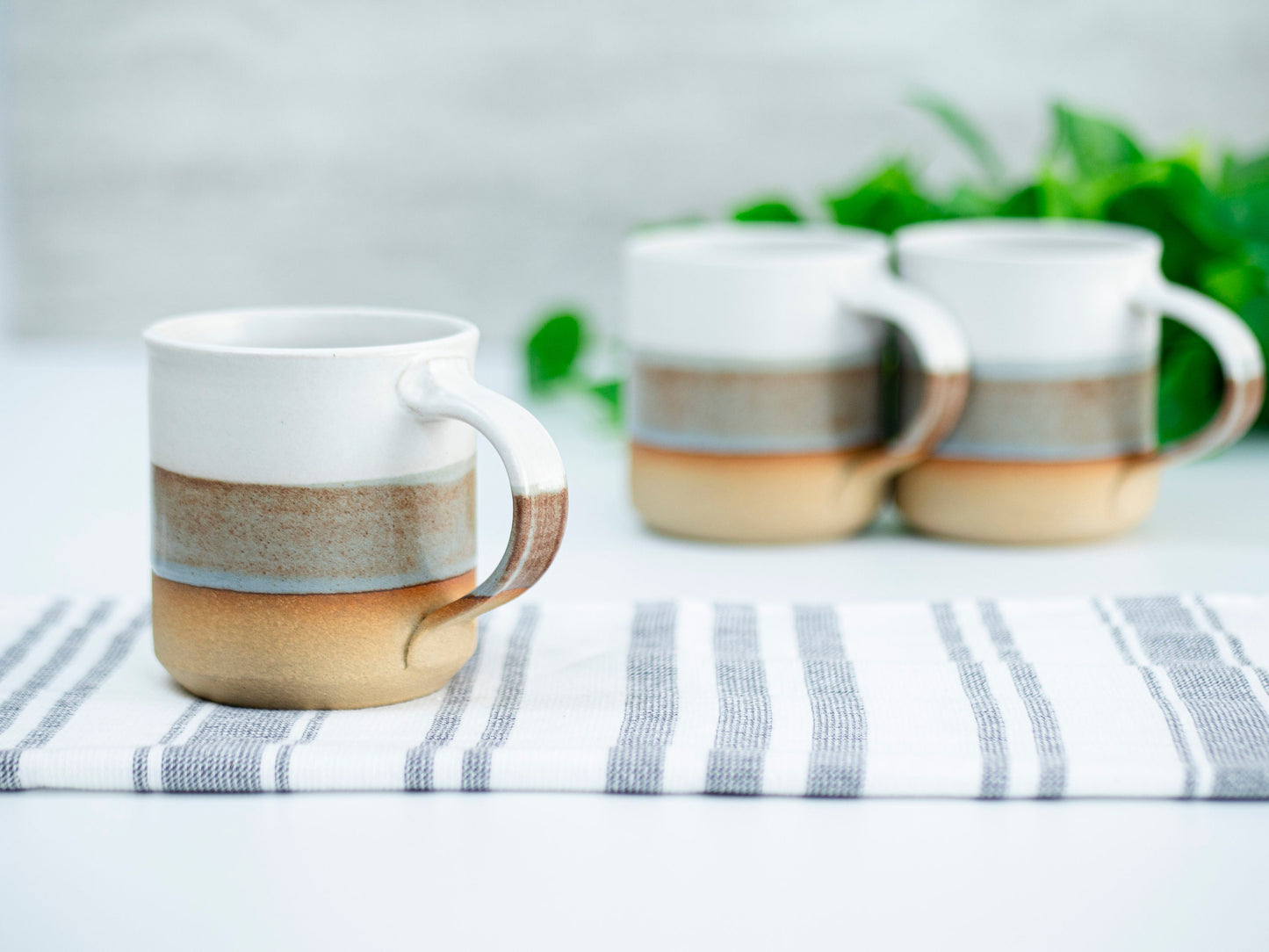 Handmade Ceramic Coffee Tea Mug Brown-Blue White 12-14 oz Earthy Rustic Modern Aesthetic Unique Pottery Contemporary Dinnerware Decor Gift