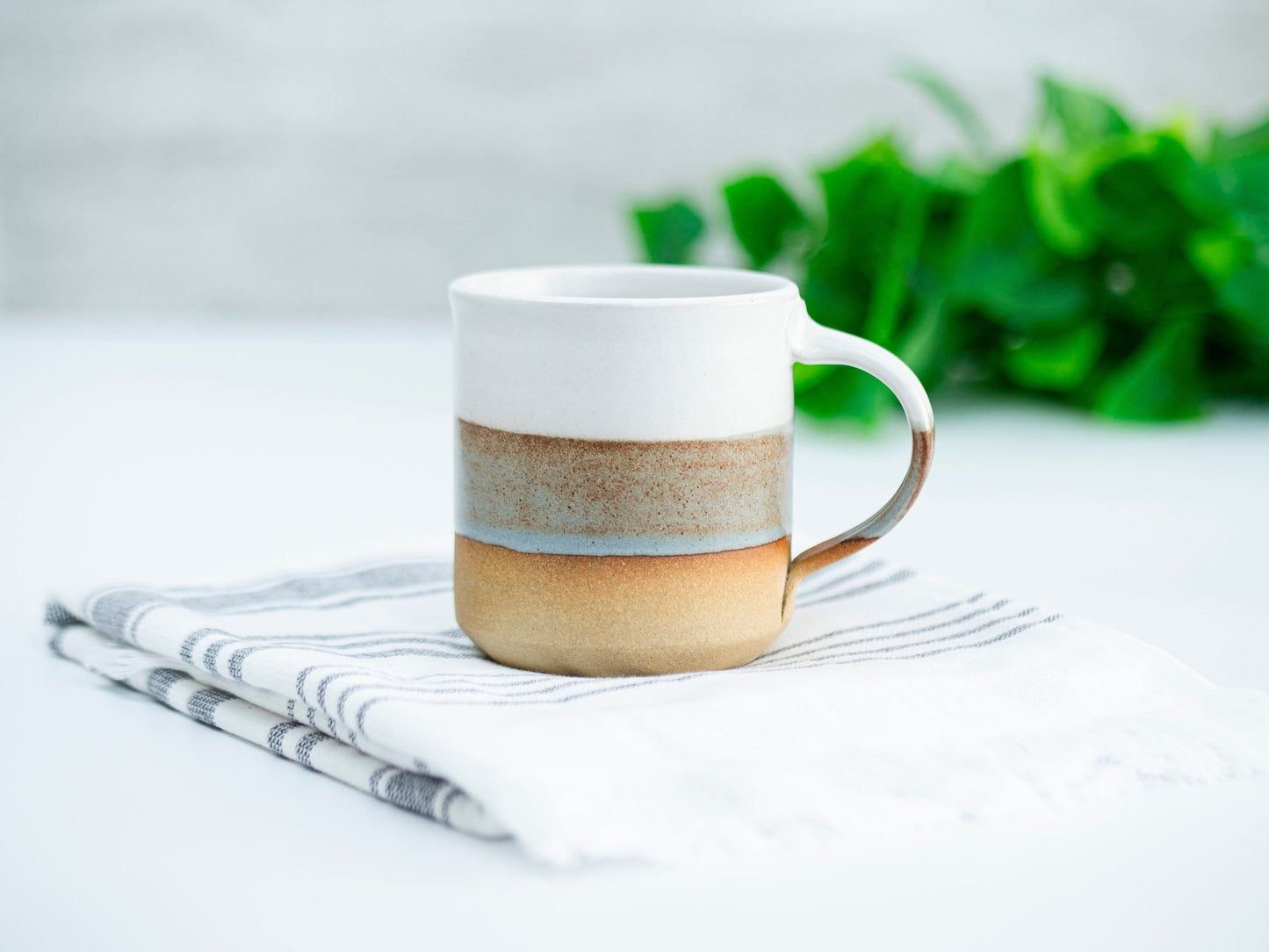 Handmade Ceramic Coffee Tea Mug Brown-Blue White 12-14 oz Earthy Rustic Modern Aesthetic Unique Pottery Contemporary Dinnerware Decor Gift