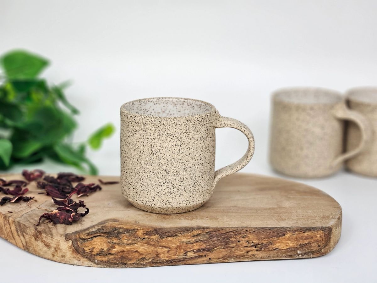 Handmade Ceramic Coffee Tea Mug Small Speckled White 8-10 oz Earthy Rustic Modern Aesthetic Unique Pottery Contemporary Dinnerware Stoneware