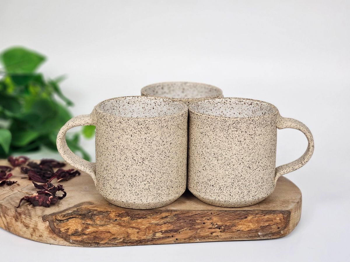 Handmade Ceramic Coffee Tea Mug Small Speckled White 8-10 oz Earthy Rustic Modern Aesthetic Unique Pottery Contemporary Dinnerware Stoneware
