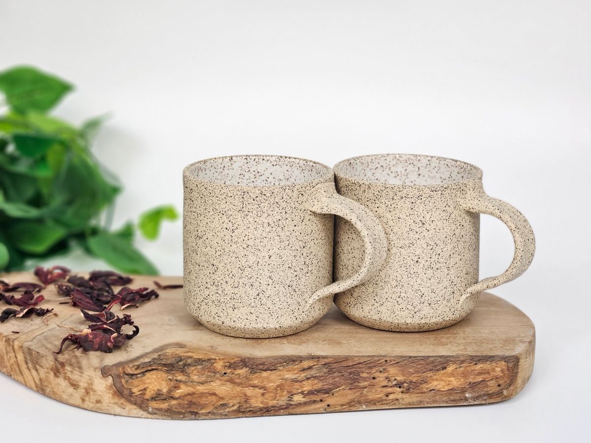 Handmade Ceramic Coffee Tea Mug Small Speckled White 8-10 oz Earthy Rustic Modern Aesthetic Unique Pottery Contemporary Dinnerware Stoneware