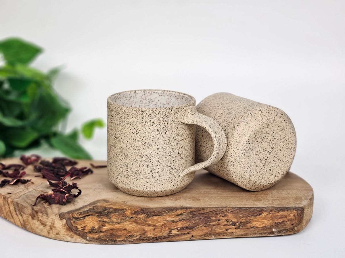 Handmade Ceramic Coffee Tea Mug Small Speckled White 8-10 oz Earthy Rustic Modern Aesthetic Unique Pottery Contemporary Dinnerware Stoneware