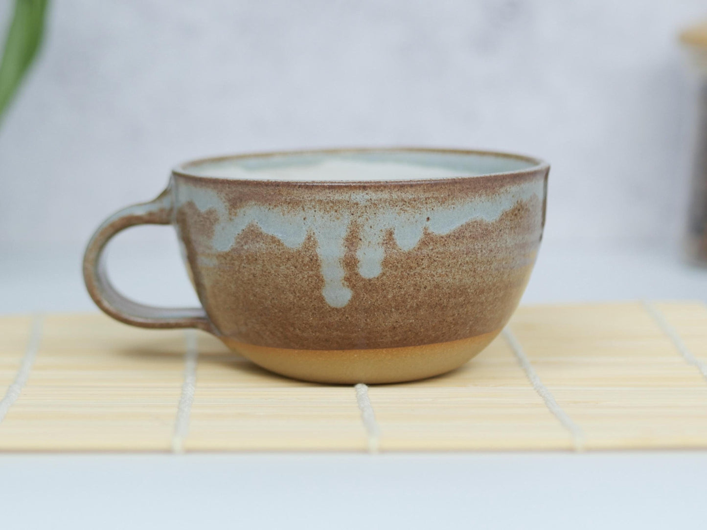 Cappuccino Cup, Latte Cup: Brown-Blue/White, approximately 8-10 oz, Stoneware, Handmade