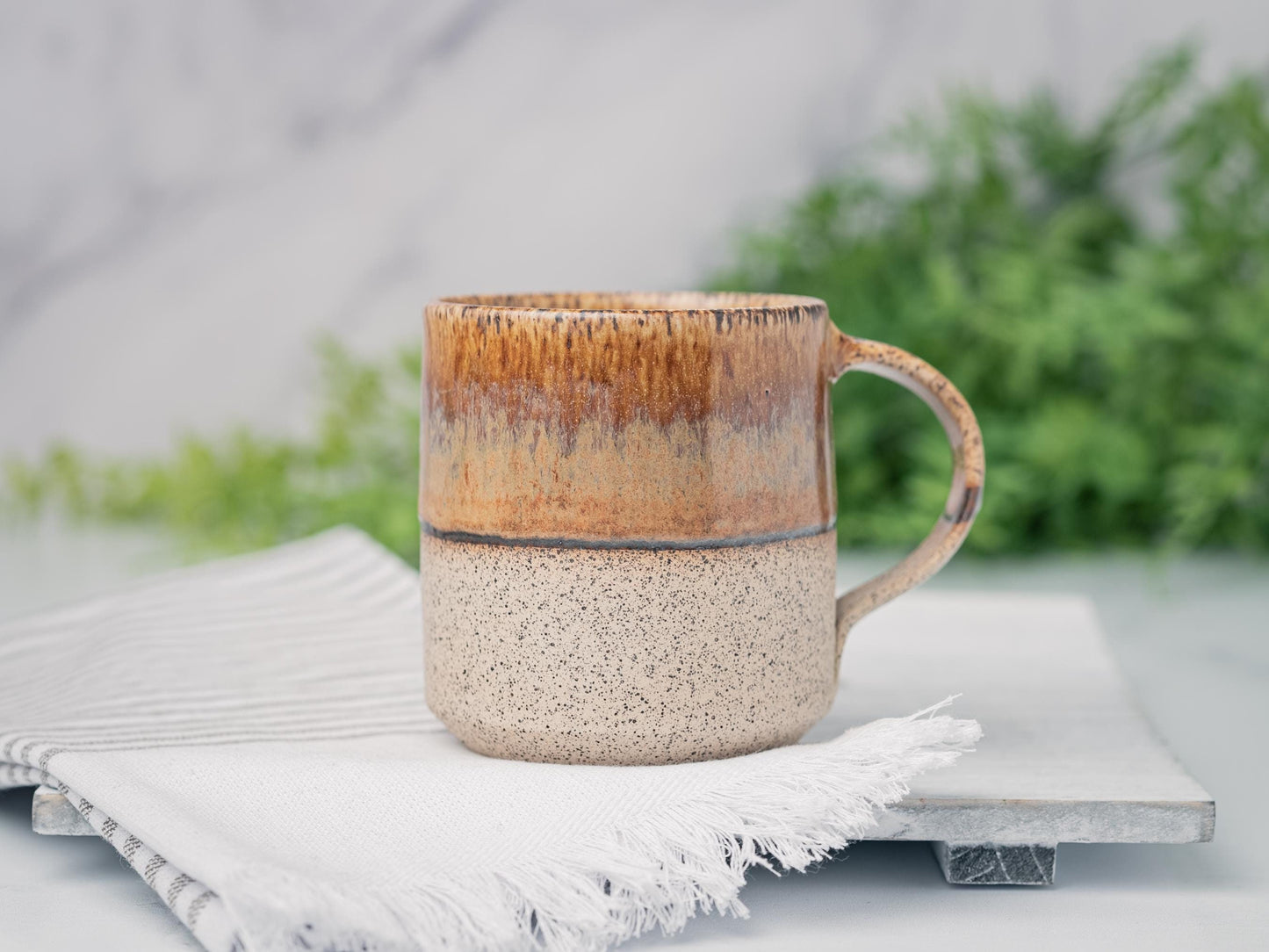 Handmade Ceramic Coffee Tea Office Mug Speckled Brown White 12-14 oz Earthy Modern Aesthetic Unique Pottery Contemporary Dinnerware Decor