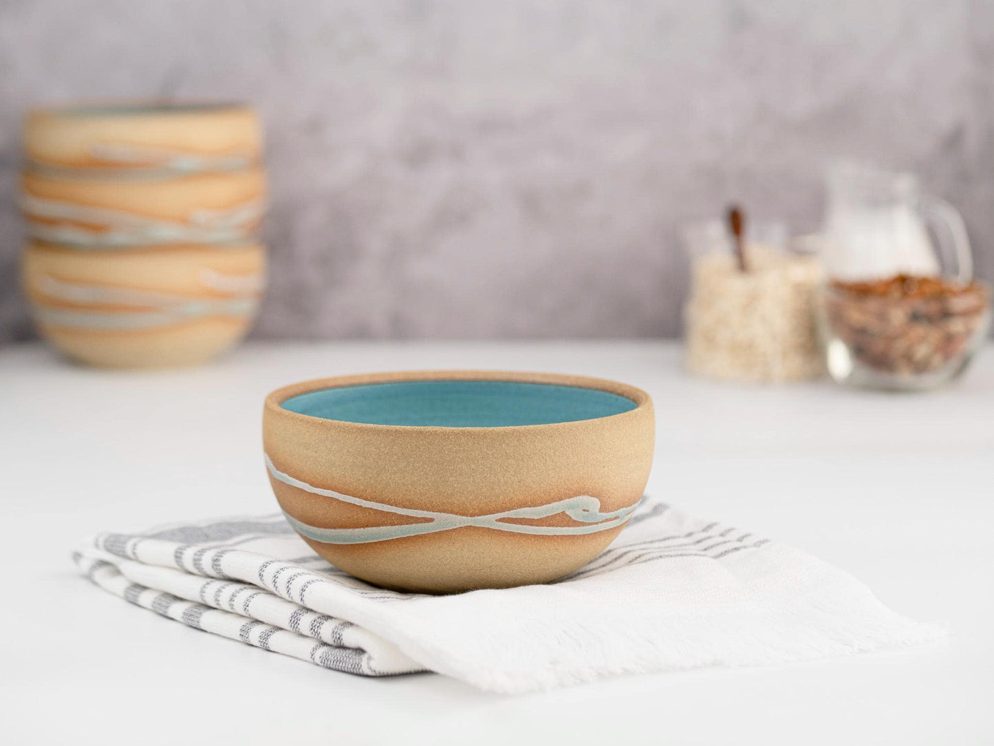 Breakfast Soup Salad Bowl: Turquoise Sandy with Trailing, Stoneware, Handmade Aesthetic Modern Cereal Oatmeal Bowl Stoneware Artisian Bowl