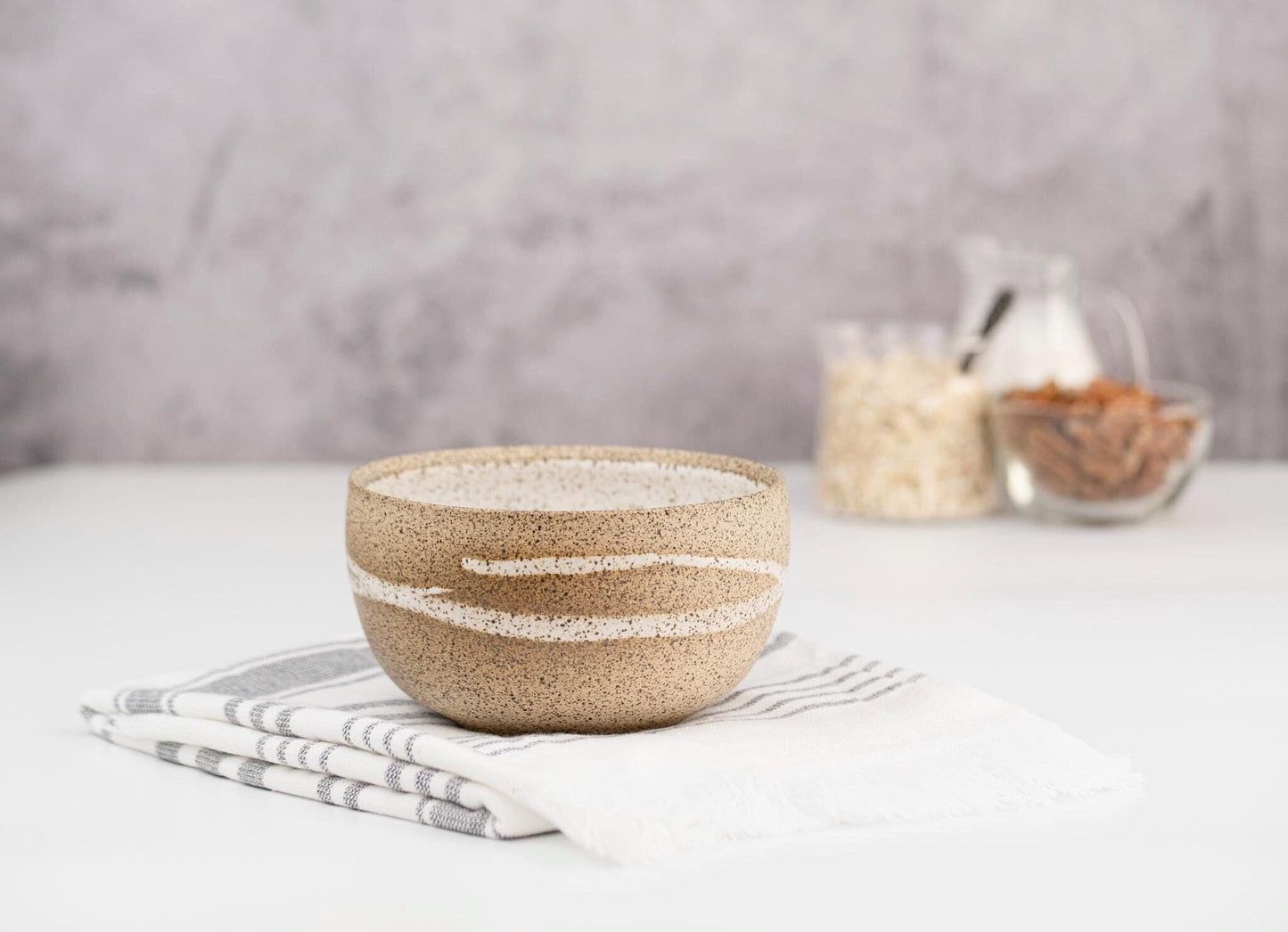 Breakfast Soup Salad Bowl: White Speckle with Trailing, Stoneware, Handmade Aesthetic Modern Cereal Oatmeal Bowl Stoneware Artisian Bowl