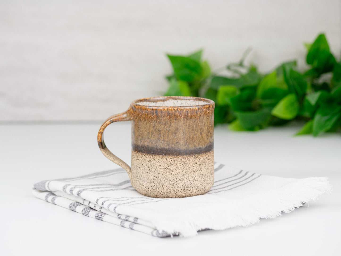 Handmade Ceramic Coffee Tea Office Mug Speckled Brown White 12-14 oz Earthy Modern Aesthetic Unique Pottery Contemporary Dinnerware Decor