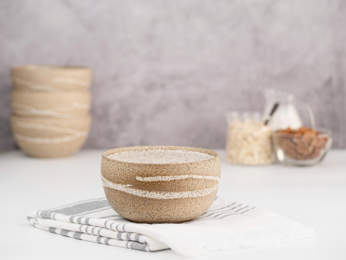 Breakfast Soup Salad Bowl: White Speckle with Trailing, Stoneware, Handmade Aesthetic Modern Cereal Oatmeal Bowl Stoneware Artisian Bowl
