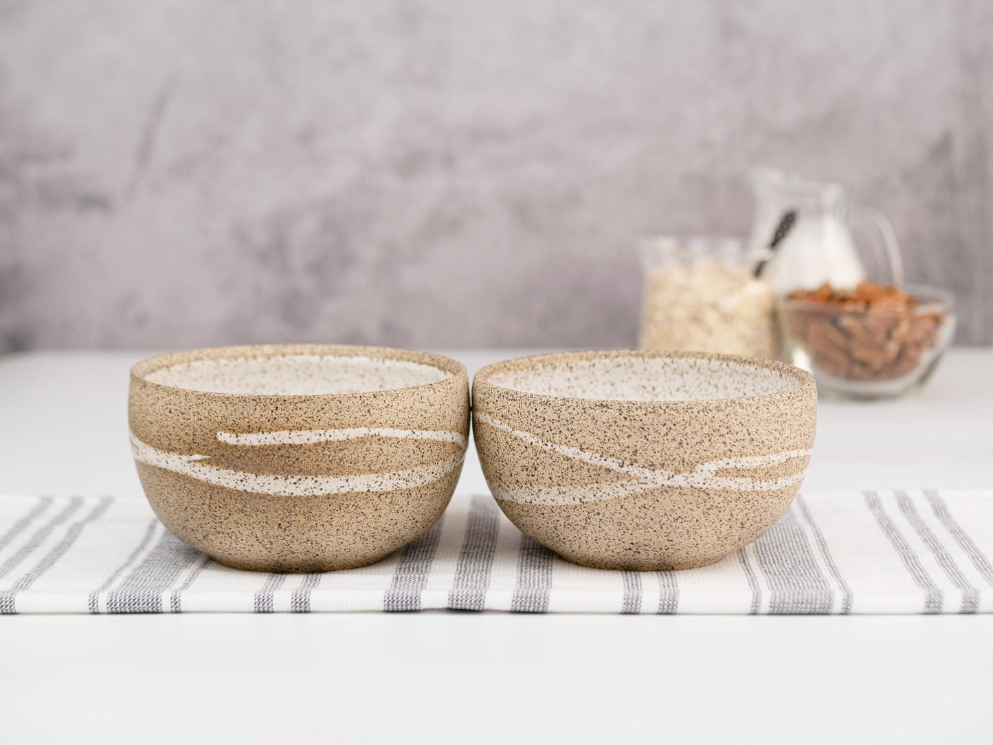 Breakfast Soup Salad Bowl: White Speckle with Trailing, Stoneware, Handmade Aesthetic Modern Cereal Oatmeal Bowl Stoneware Artisian Bowl