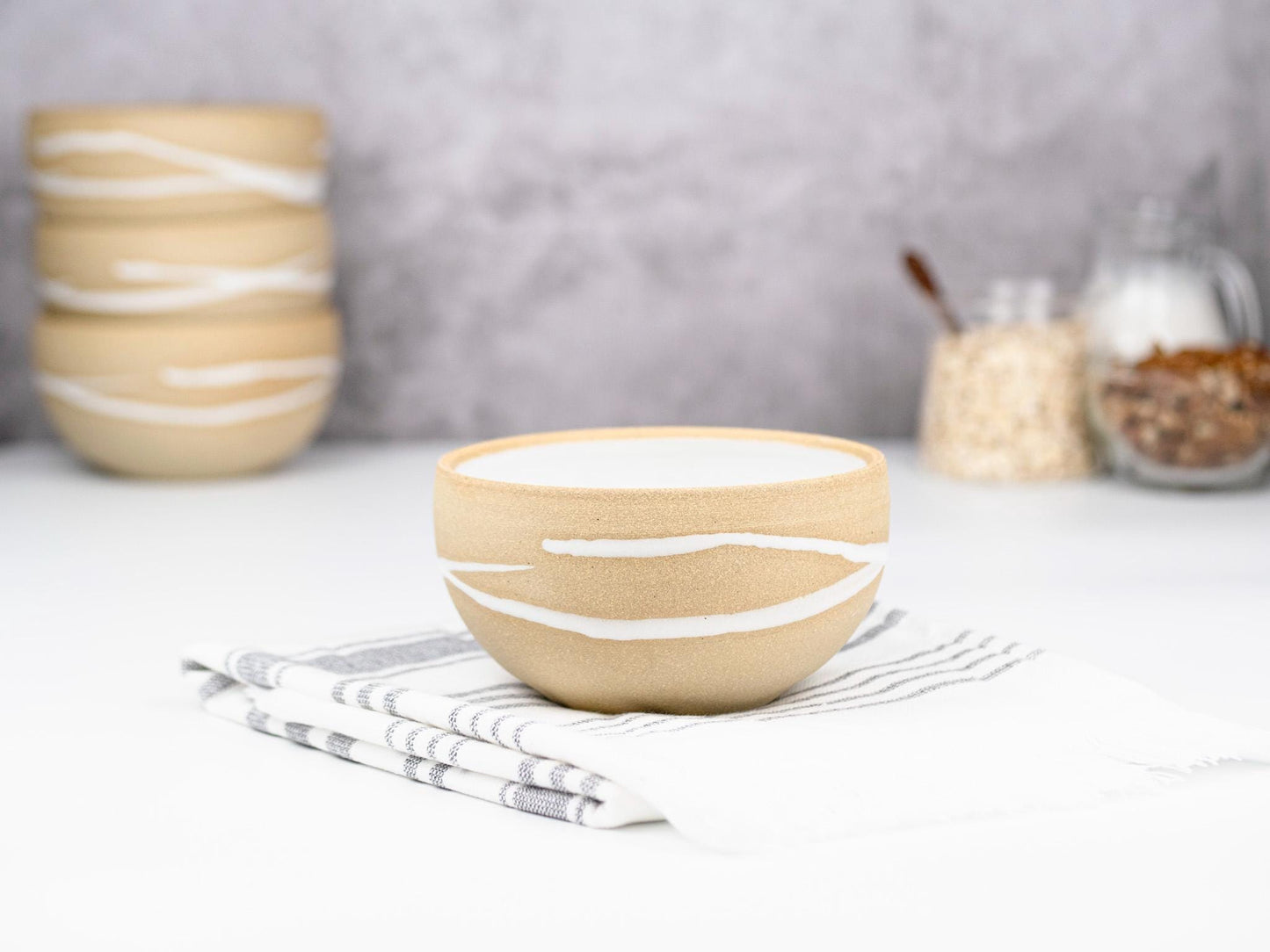 Breakfast Soup Salad Small Bowl: White/Sandy, Stoneware, Handmade Aesthetic Modern Cereal Oatmeal Bowl Stoneware Decor Artisian Unique Bowl