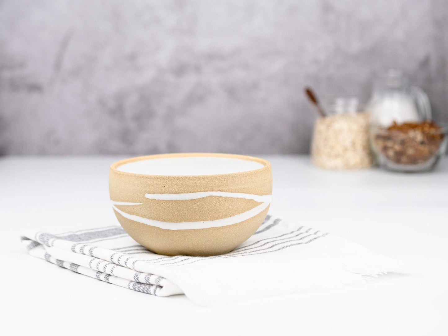 Breakfast Soup Salad Small Bowl: White/Sandy, Stoneware, Handmade Aesthetic Modern Cereal Oatmeal Bowl Stoneware Decor Artisian Unique Bowl